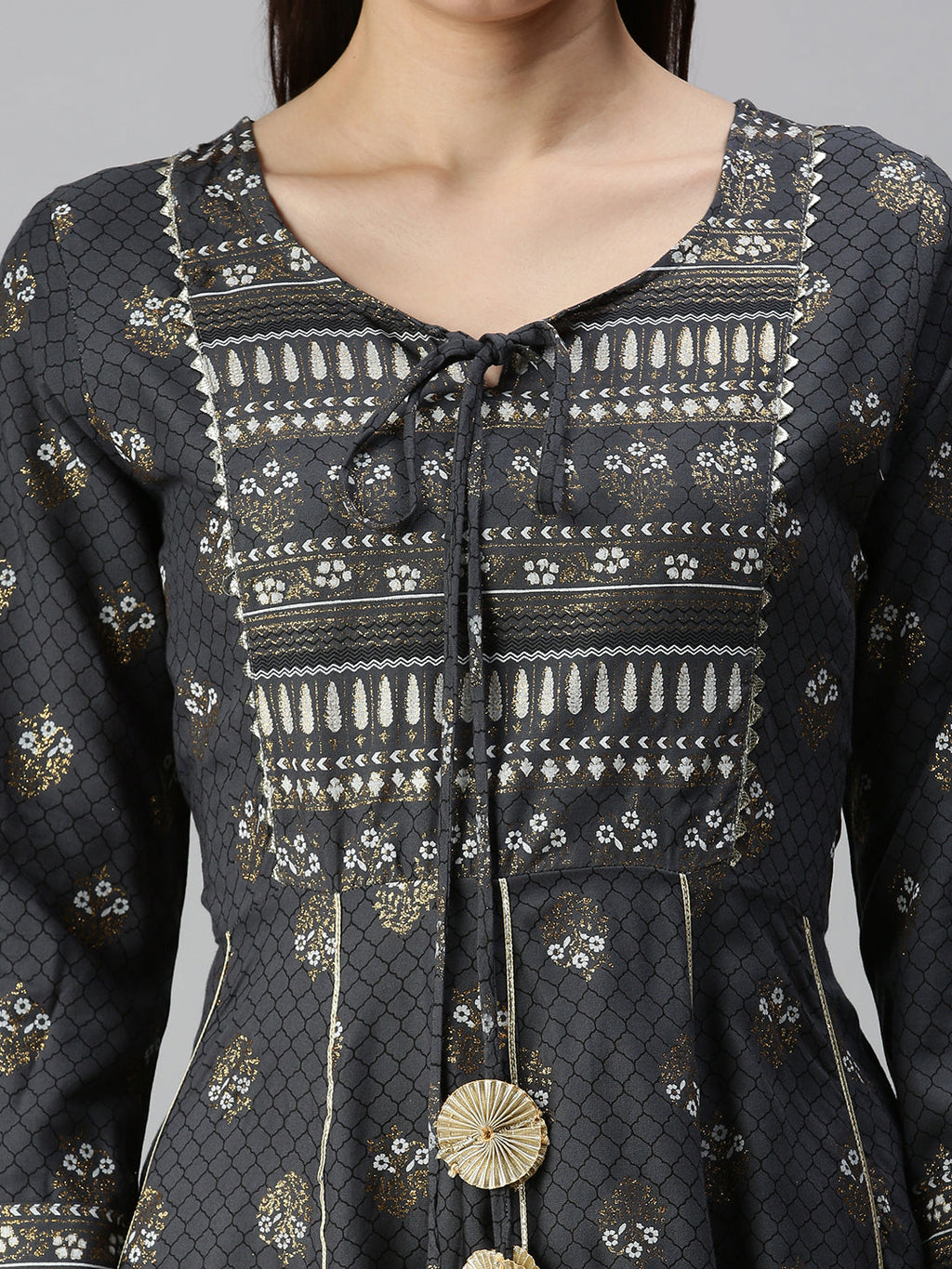 Women's Grey Ethnic Motifs Printed Gotta Patti Cotton Anarkali Kurta