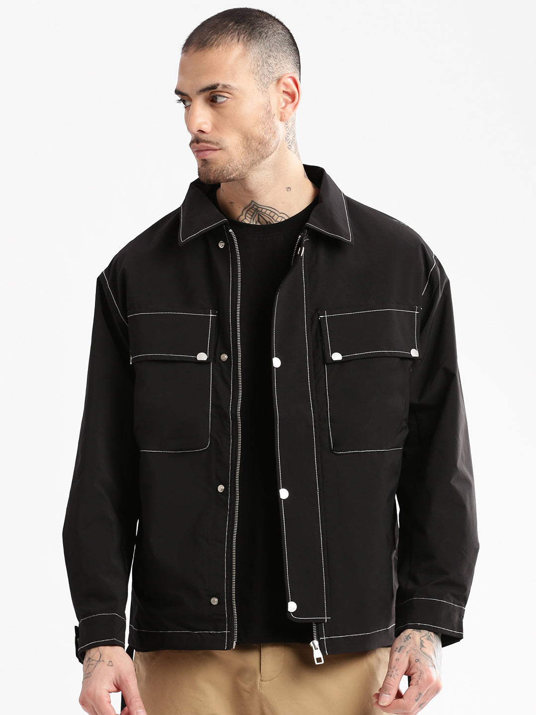Men's Spread Collar Black Solid Tailored Oversized Jacket