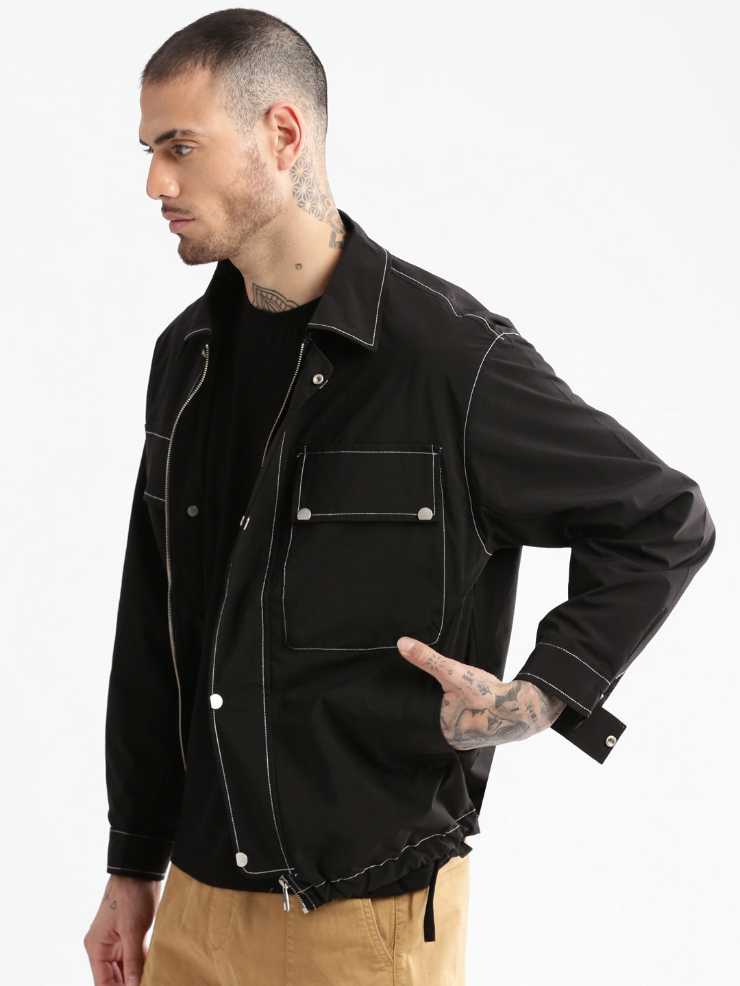 Men's Spread Collar Black Solid Tailored Oversized Jacket