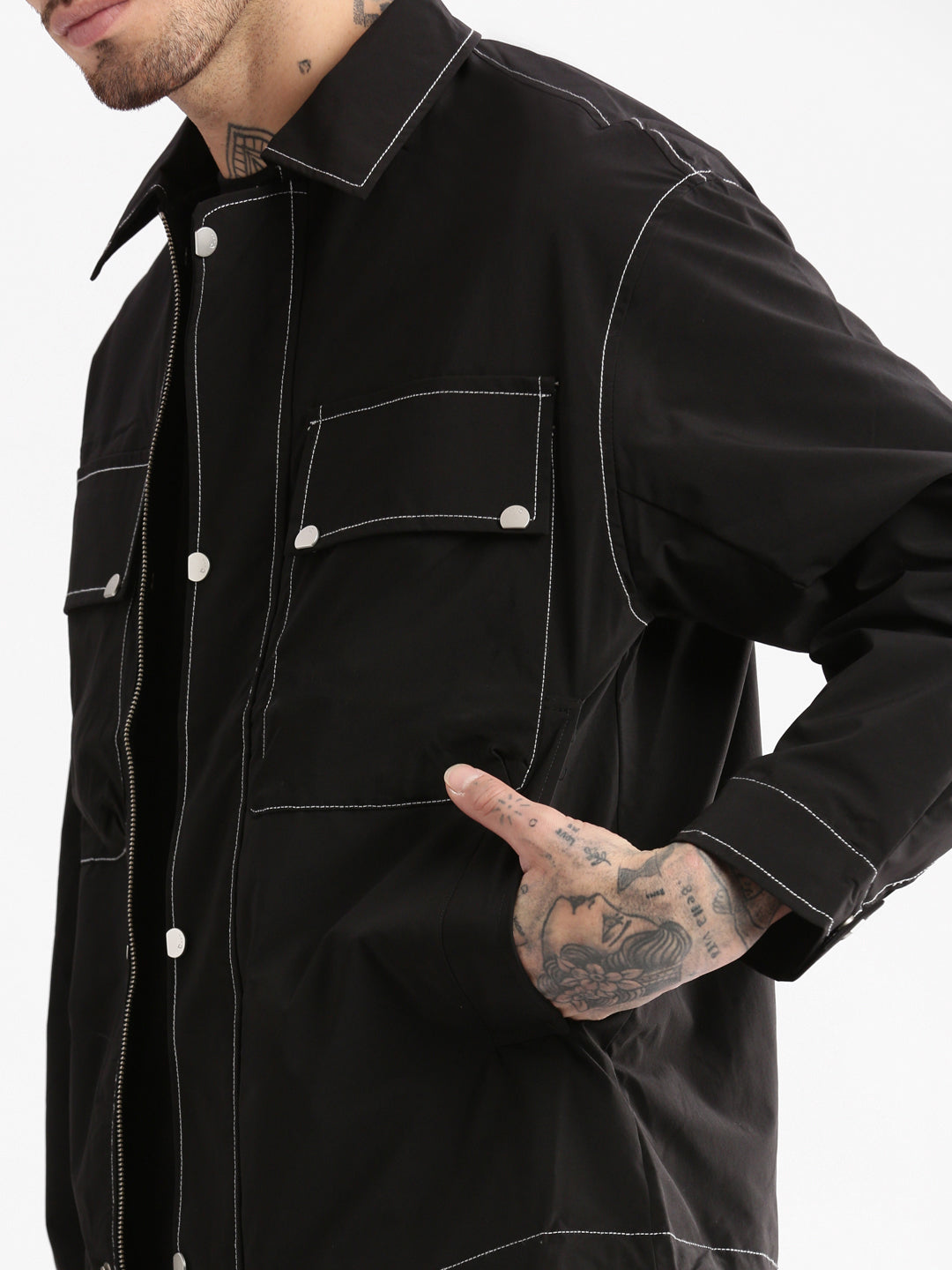 Men's Spread Collar Black Solid Tailored Oversized Jacket