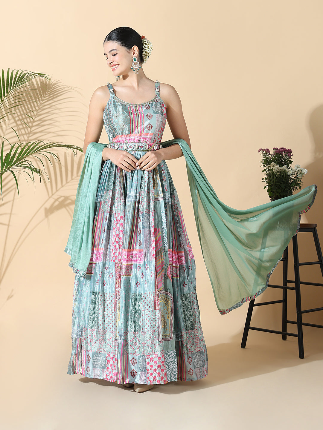 Women's Green Printed Anarkali Kurta with Belt and Dupatta