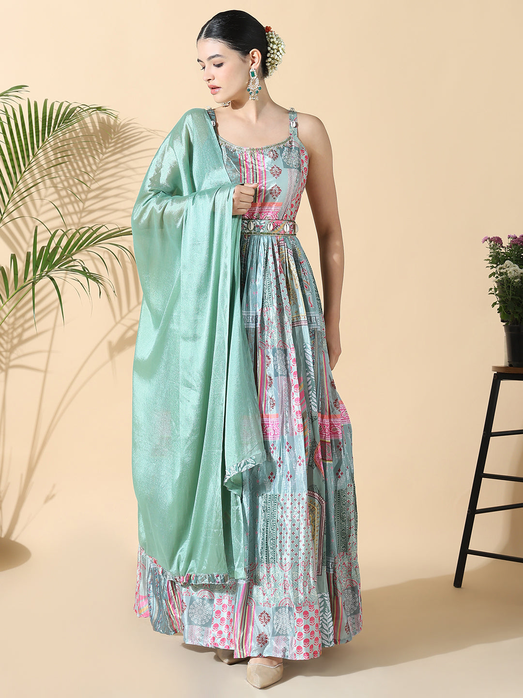 Women's Green Printed Anarkali Kurta with Belt and Dupatta