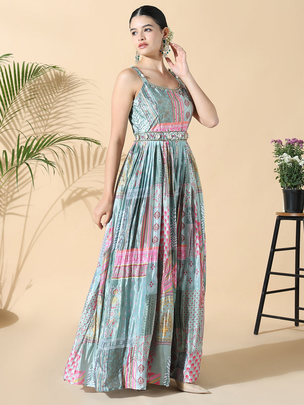 Women's Green Printed Anarkali Kurta with Belt and Dupatta