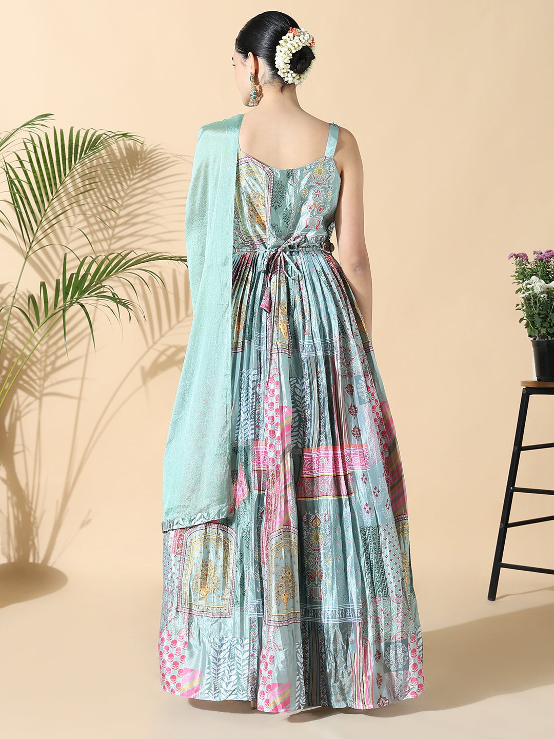 Women's Green Printed Anarkali Kurta with Belt and Dupatta