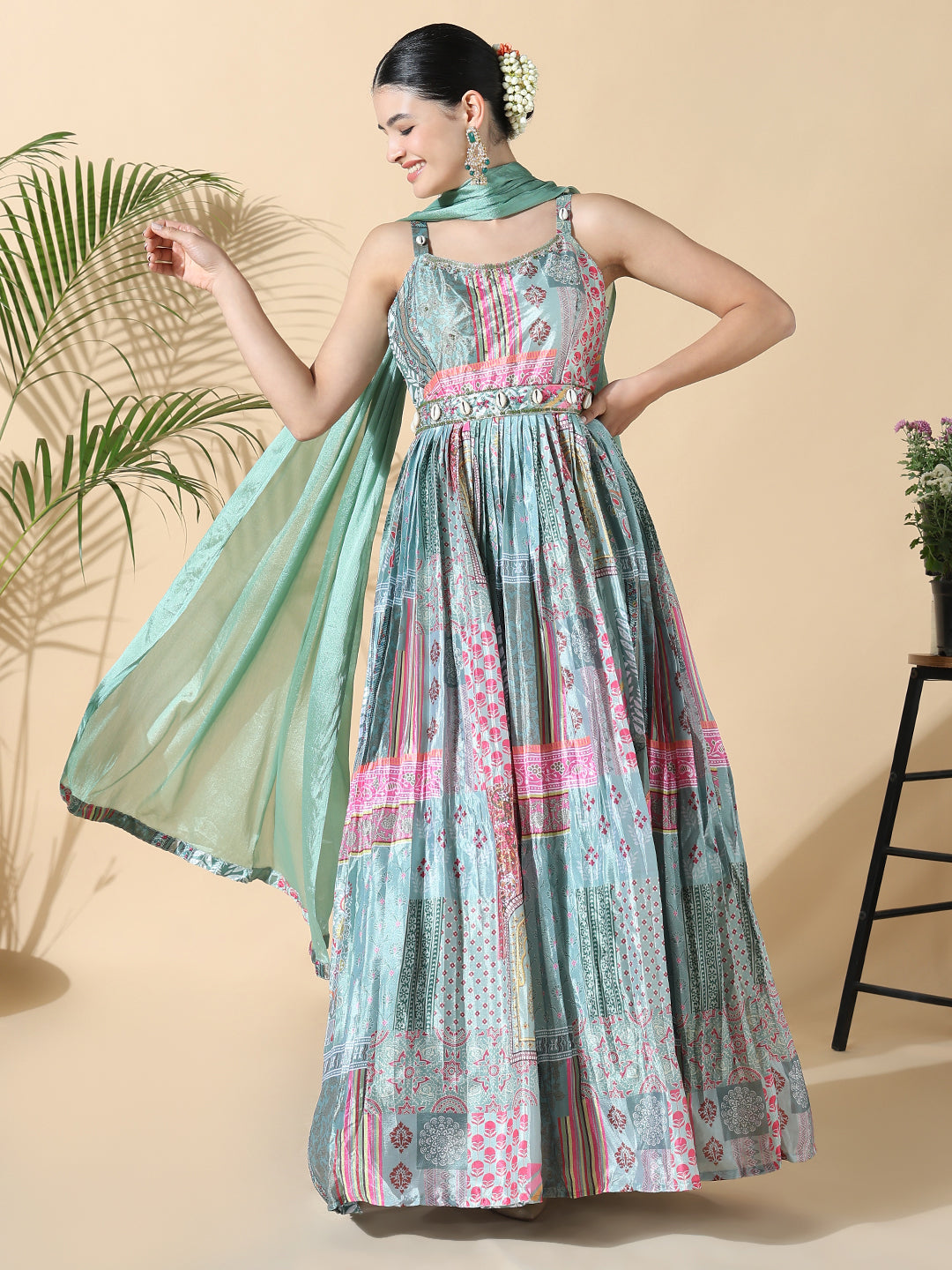 Women's Green Printed Anarkali Kurta with Belt and Dupatta