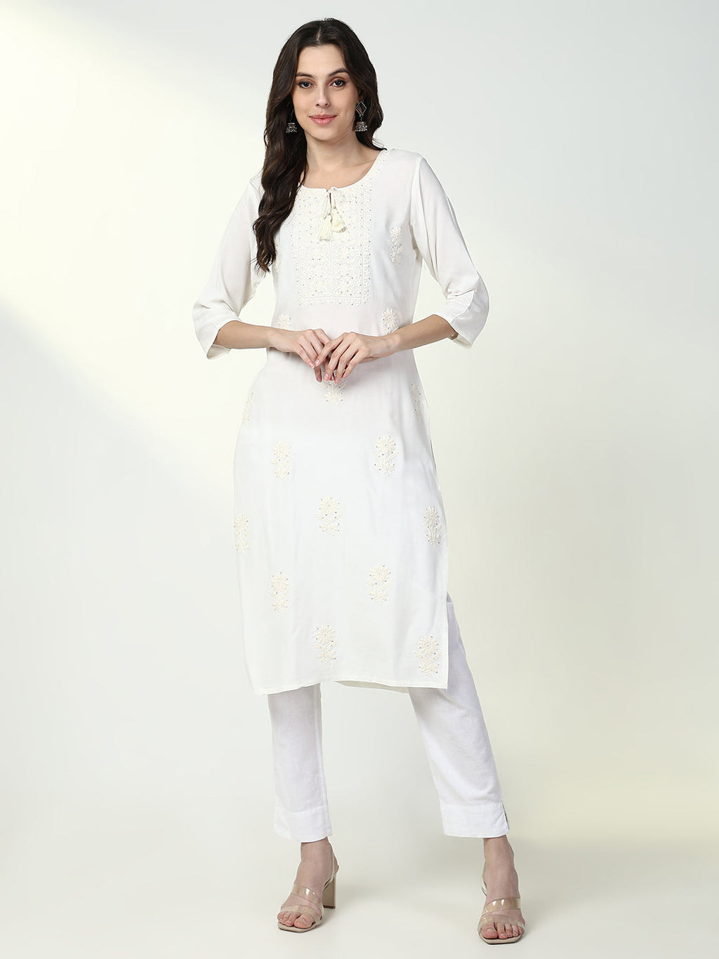 Women's Ethnic White Solid Straight Kurta