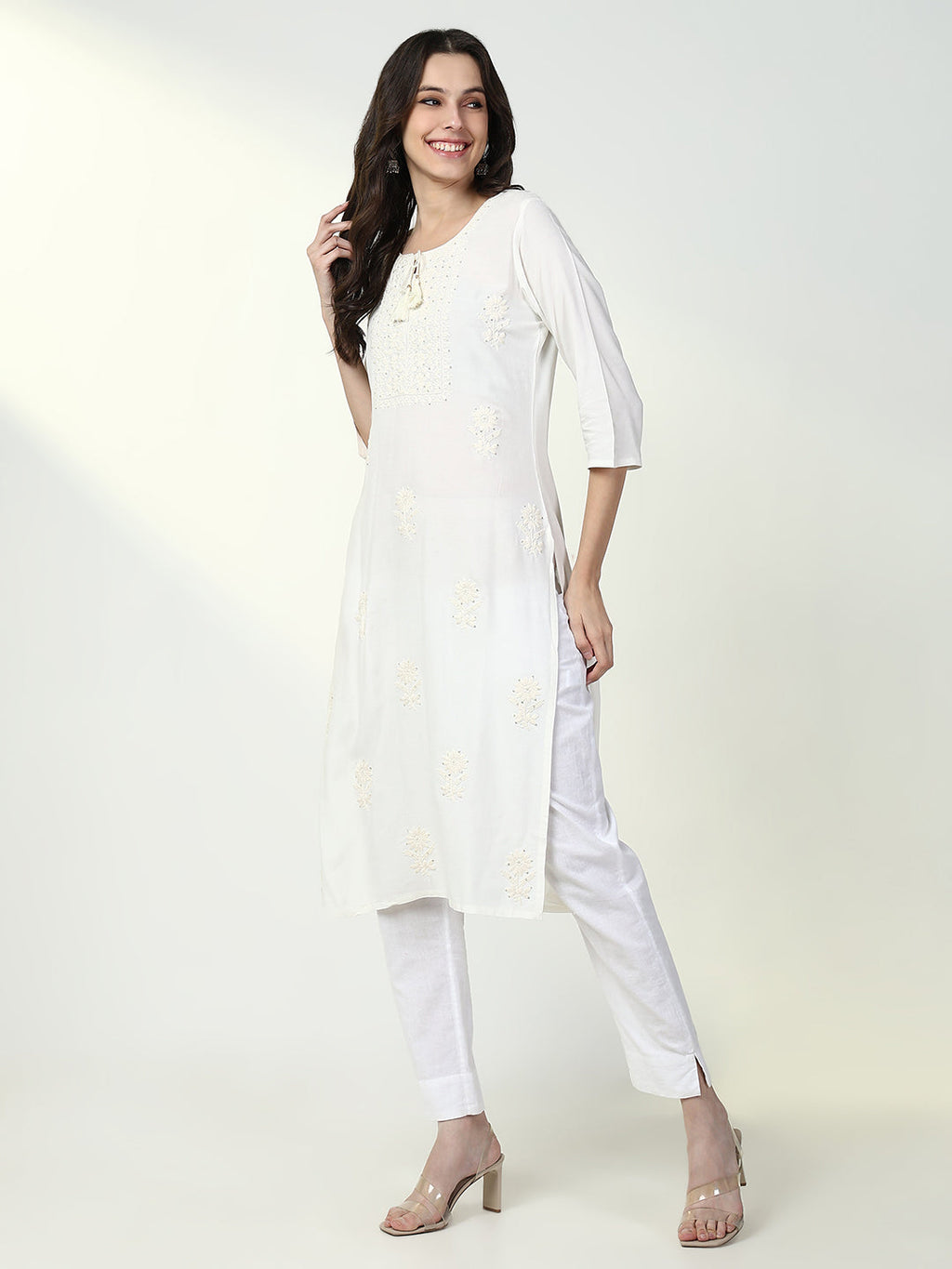 Women's Ethnic White Solid Straight Kurta
