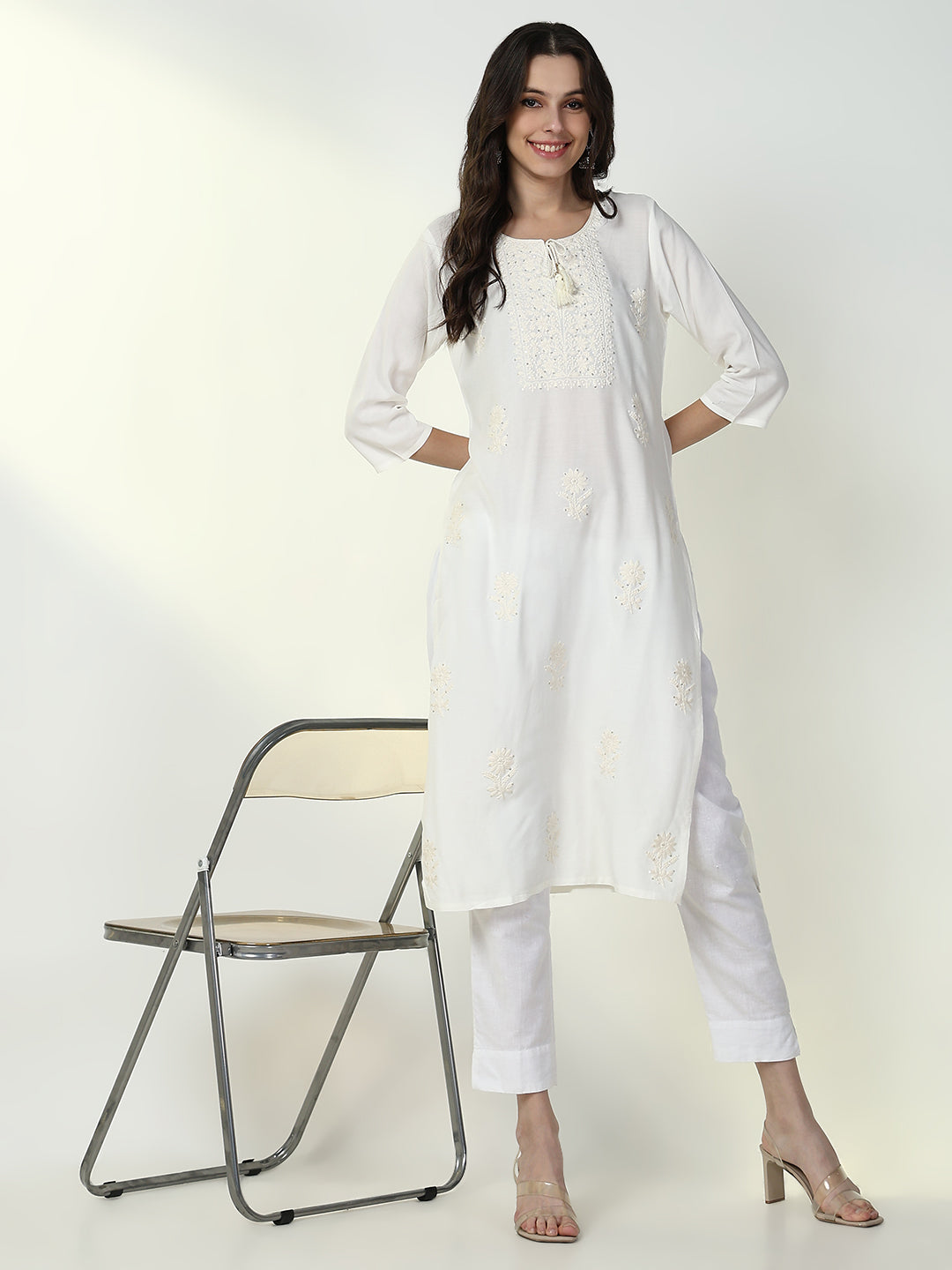Women's Ethnic White Solid Straight Kurta