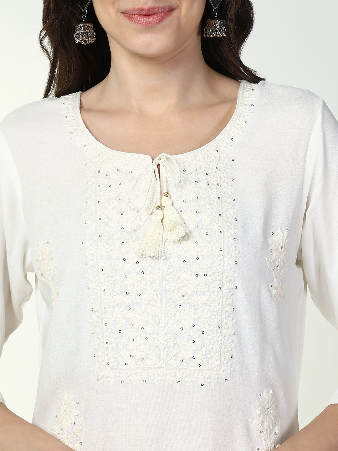 Women's Ethnic White Solid Straight Kurta