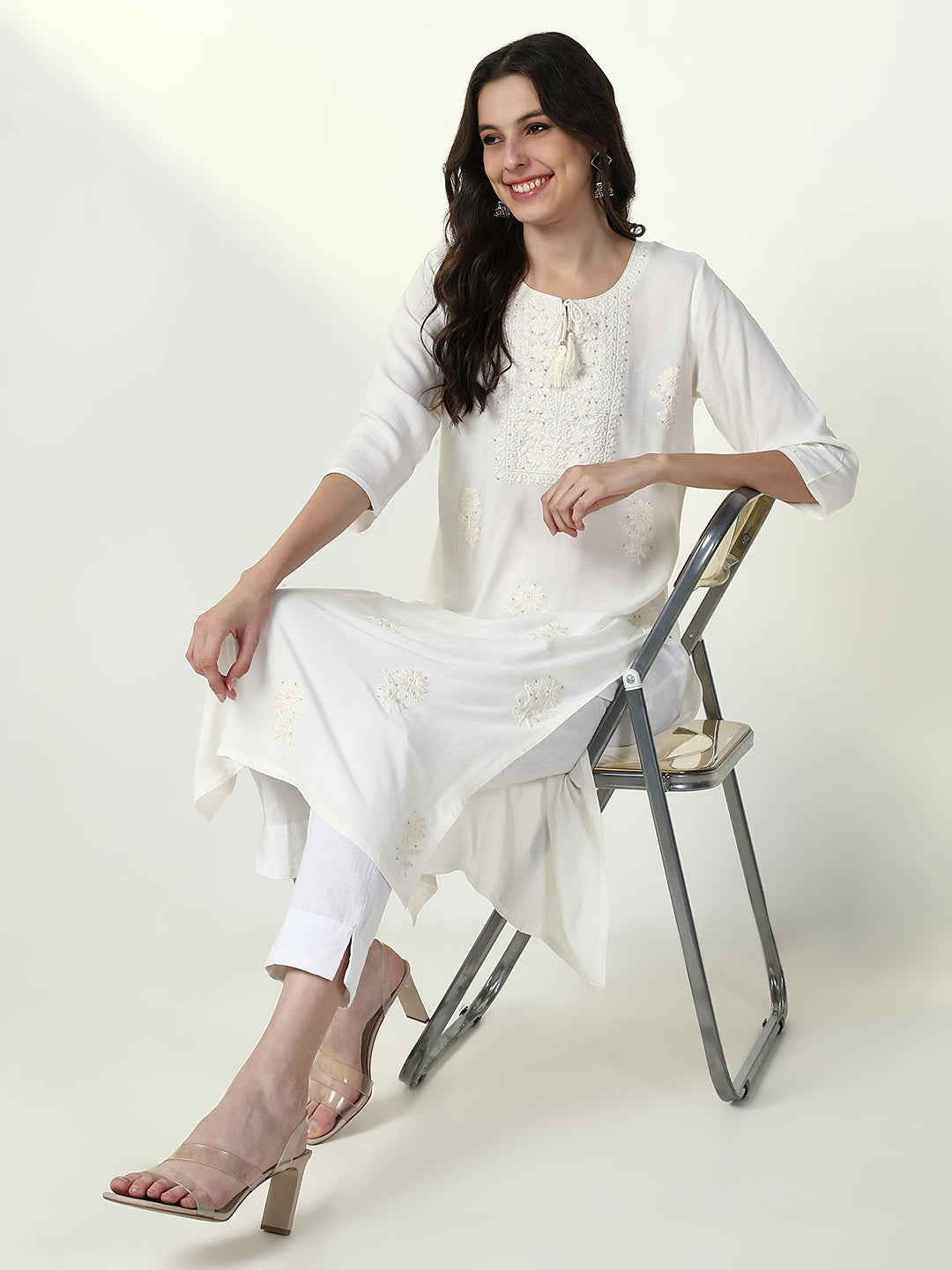 Women's Ethnic White Solid Straight Kurta