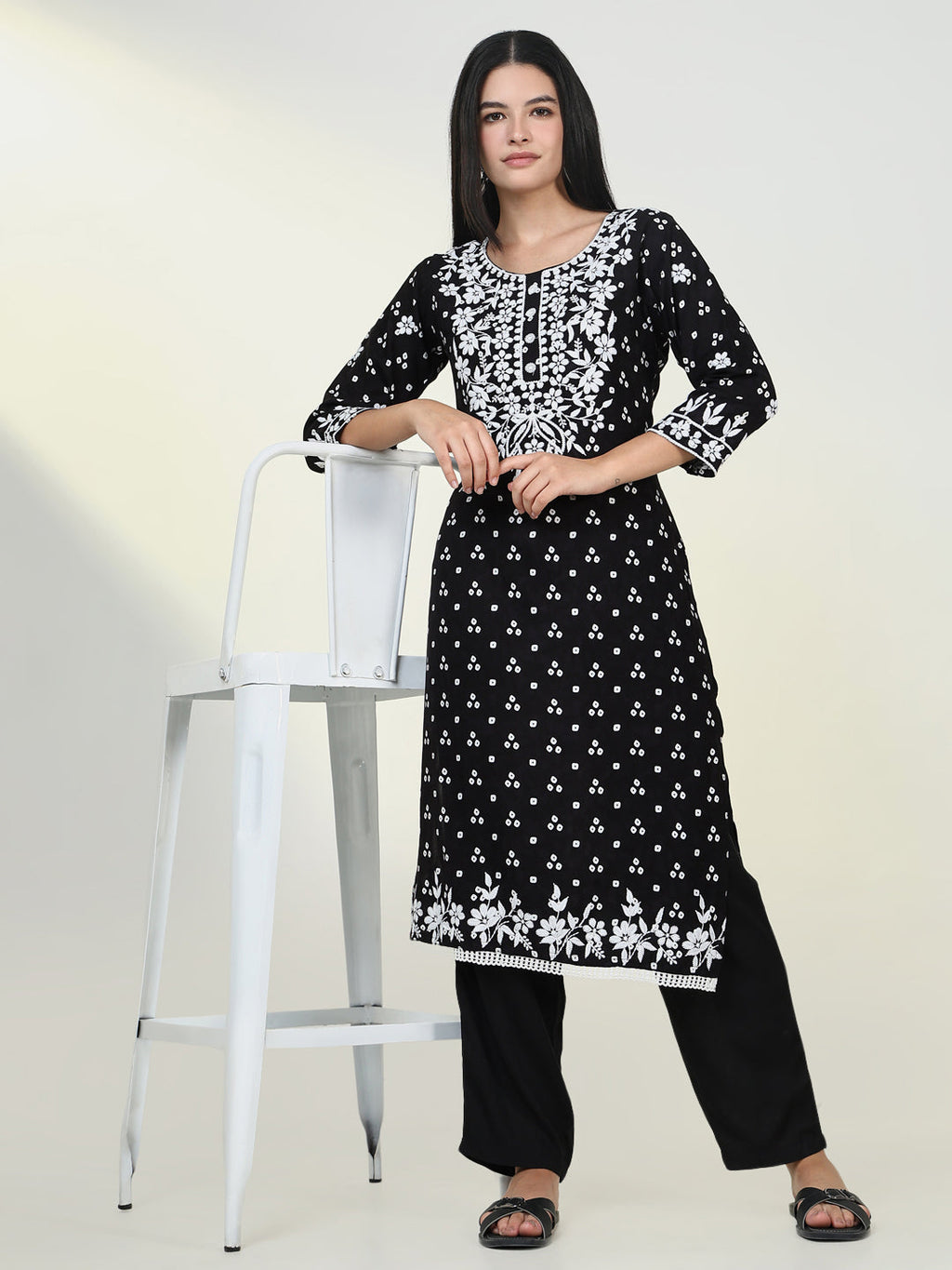Women's Bandhani Black Chikankari Kurta
