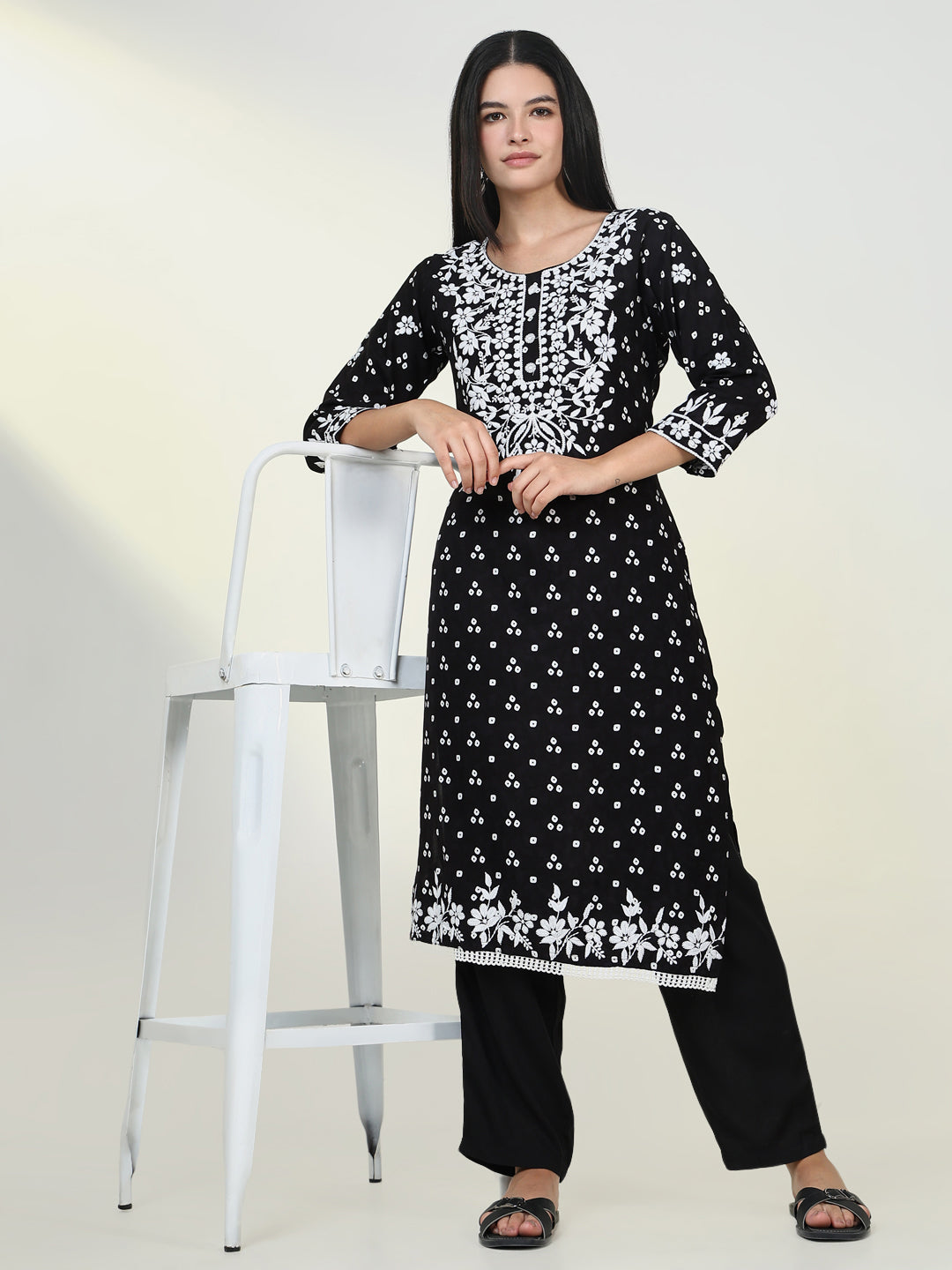Women's Bandhani Black Chikankari Kurta