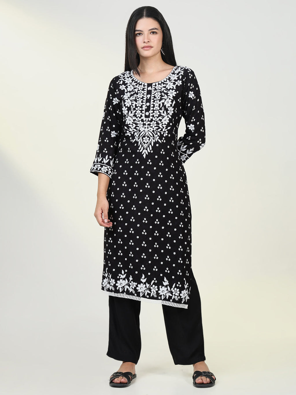 Women's Bandhani Black Chikankari Kurta