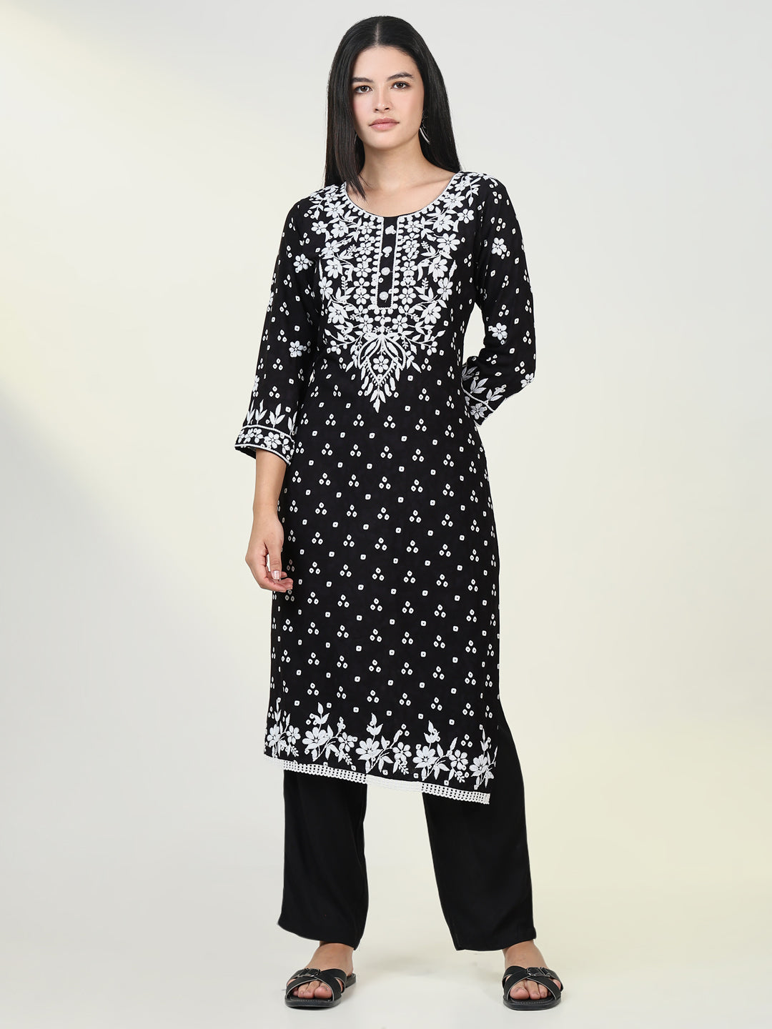 Women's Bandhani Black Chikankari Kurta