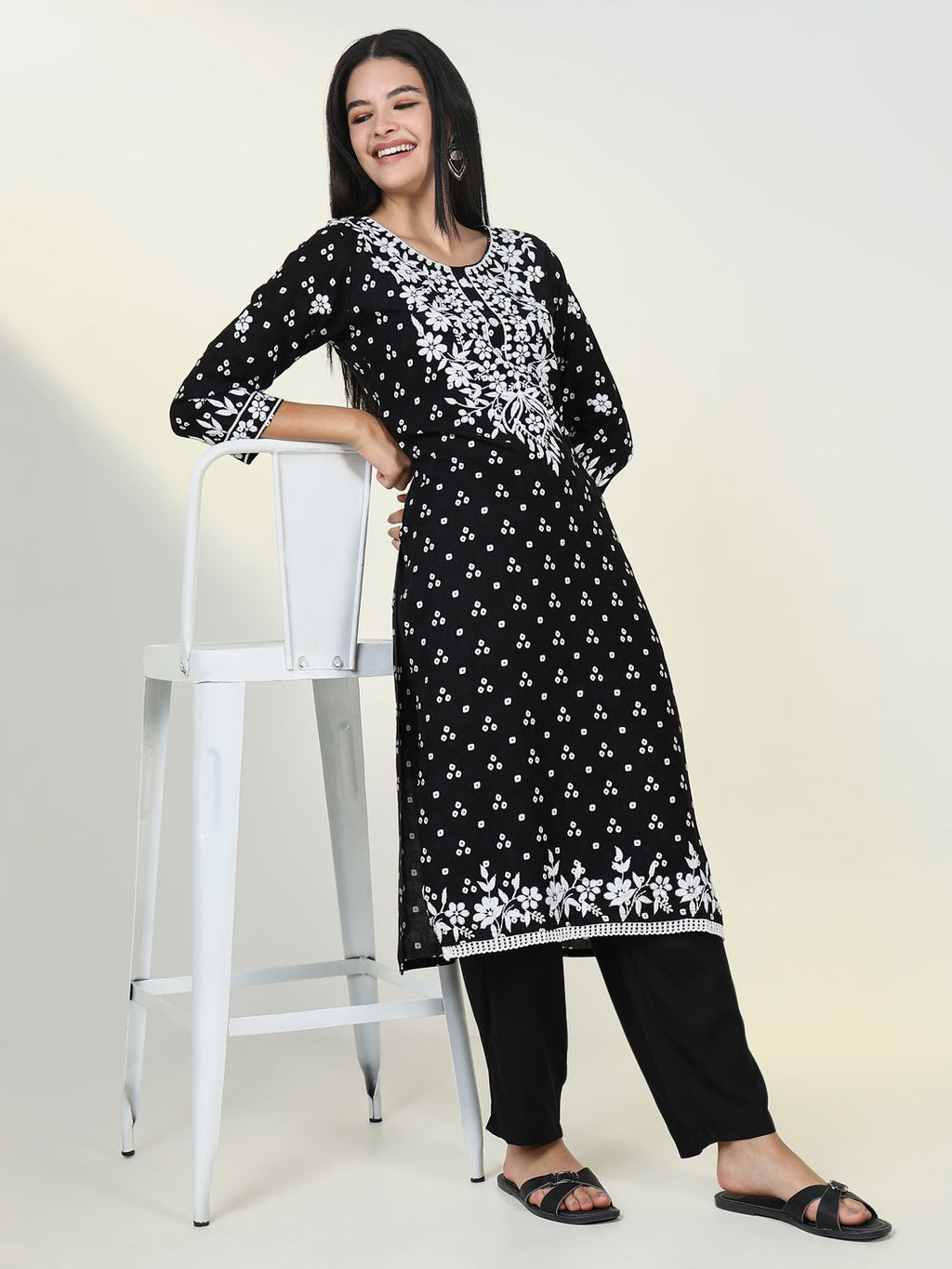 Women's Bandhani Black Chikankari Kurta