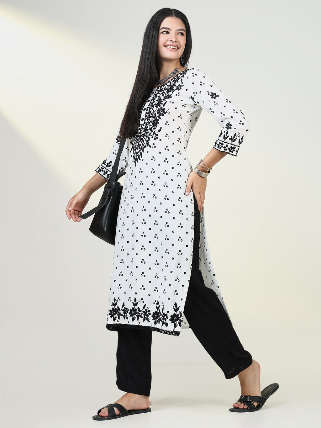 Women's Bandhani White Chikankari Kurta