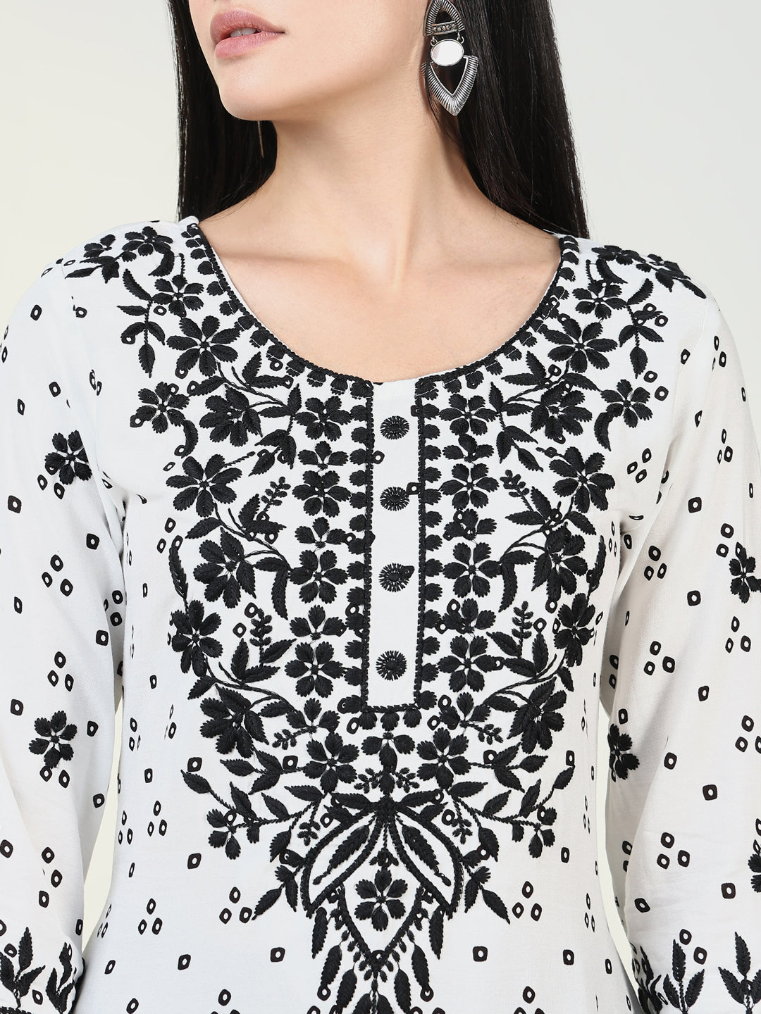 Women's Bandhani White Chikankari Kurta