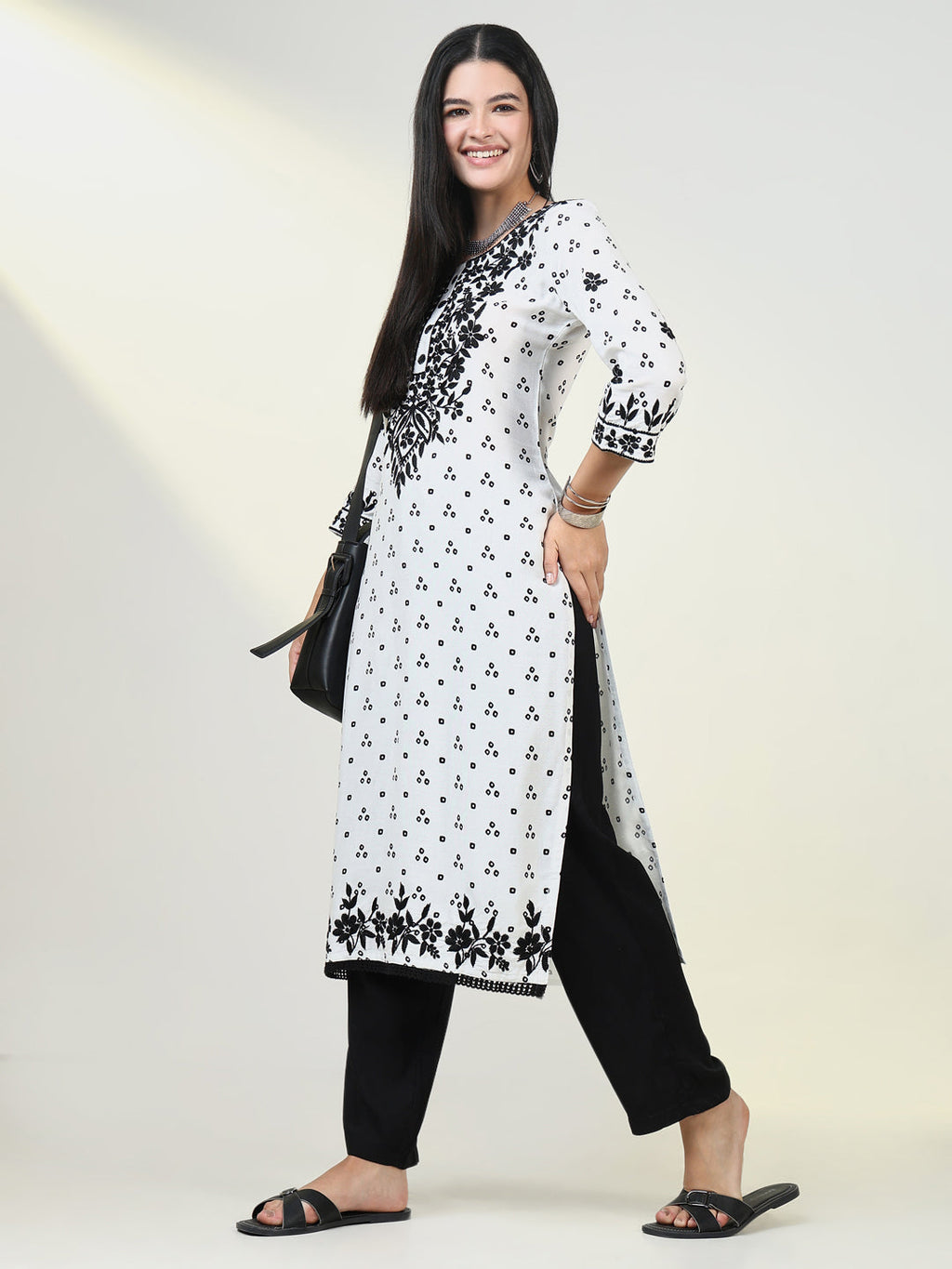 Women's Bandhani White Chikankari Kurta