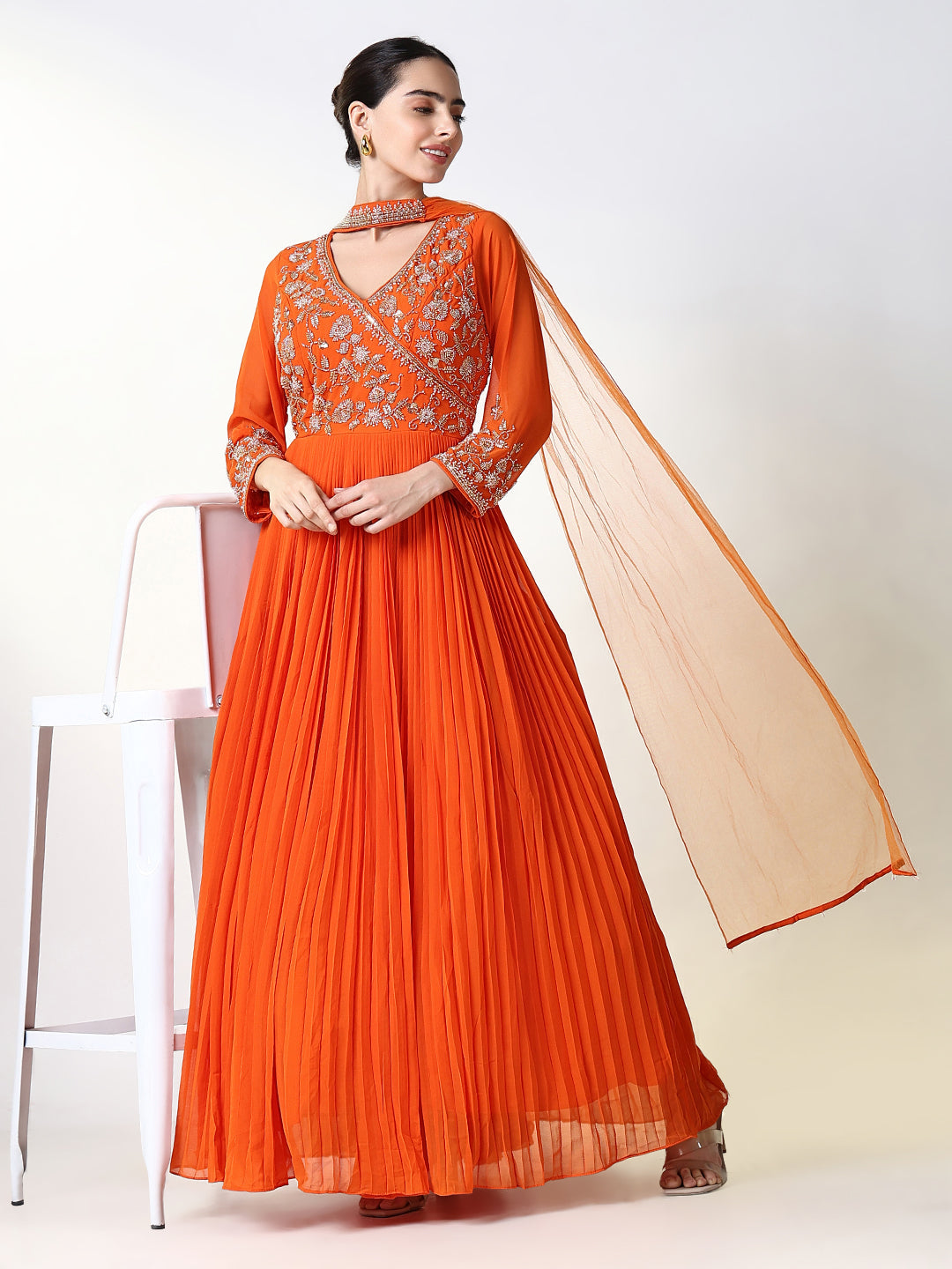 Women's Orange Solid Anarkali Kurta with Dupatta