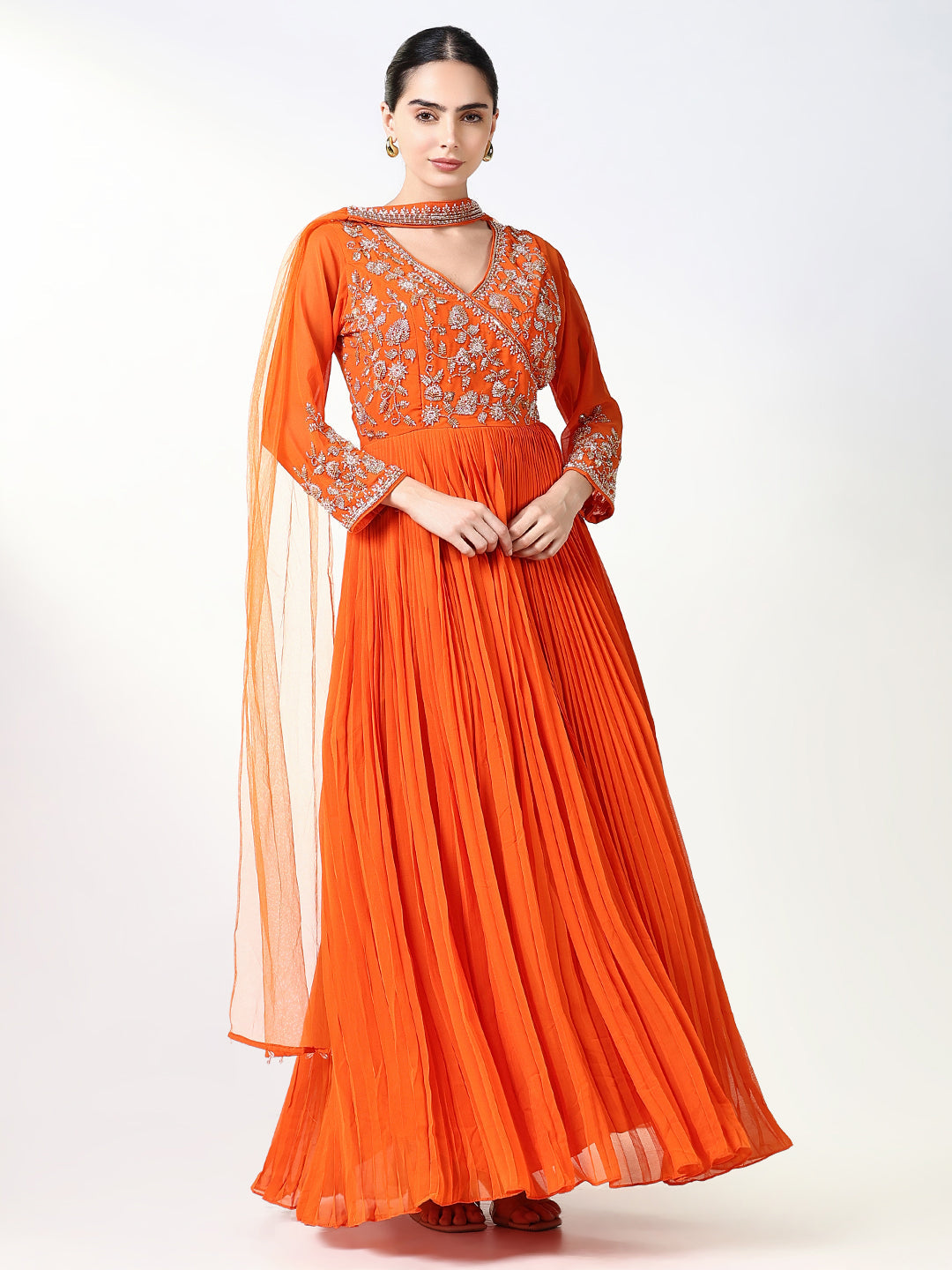 Women's Orange Solid Anarkali Kurta with Dupatta
