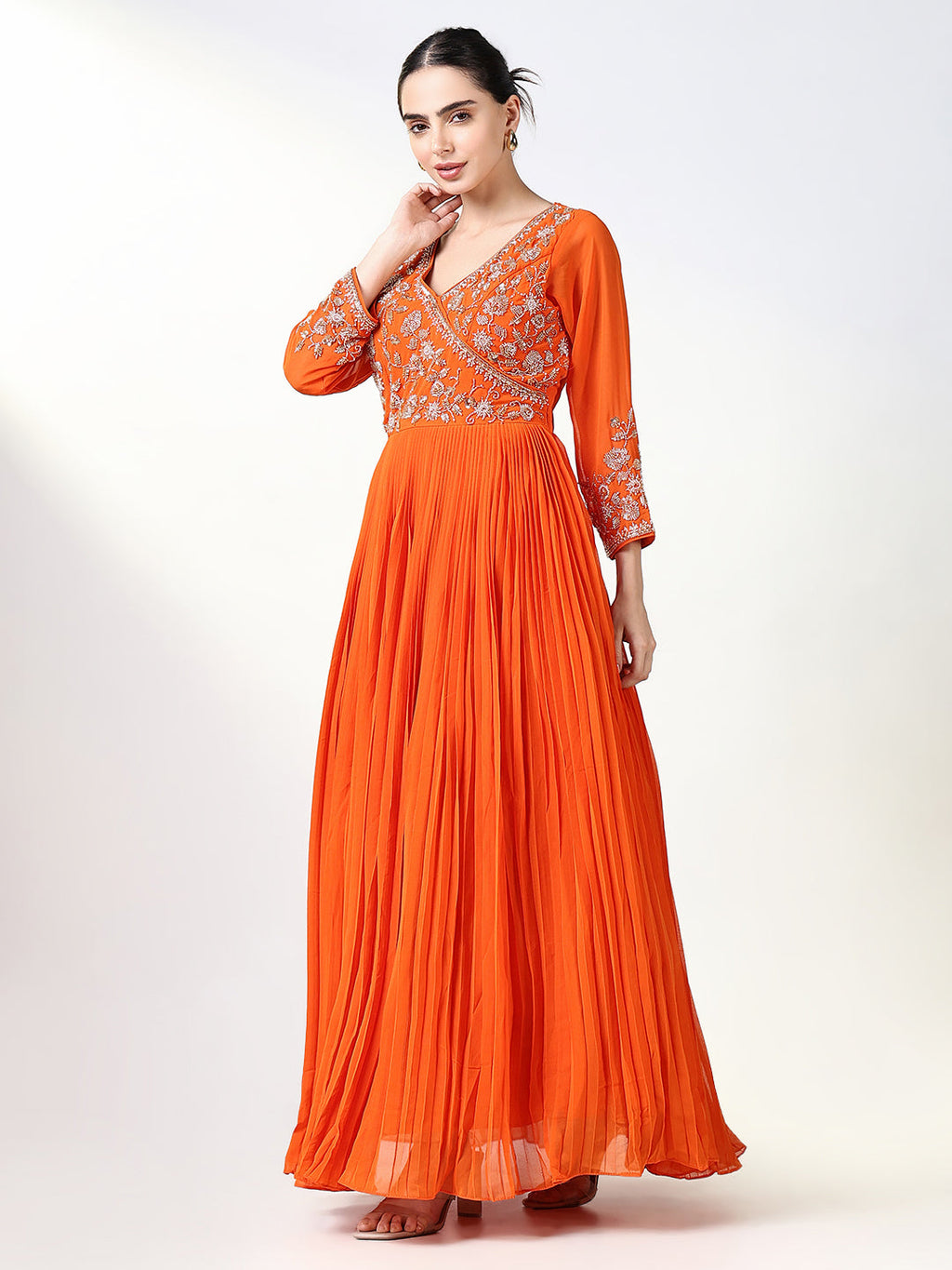 Women's Orange Solid Anarkali Kurta with Dupatta