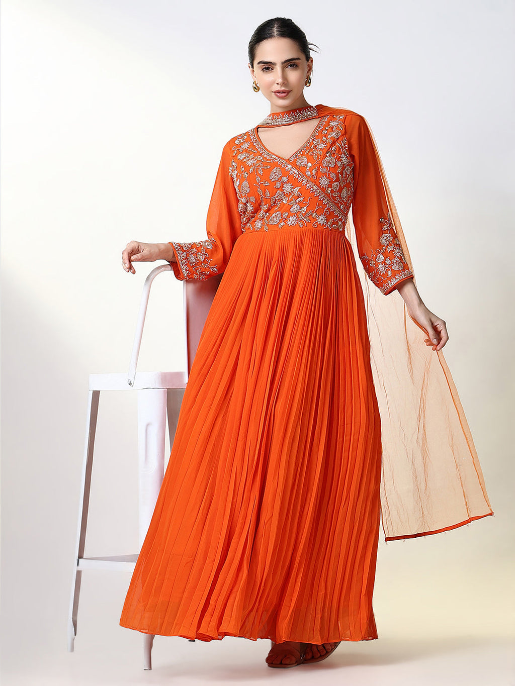 Women's Orange Solid Anarkali Kurta with Dupatta