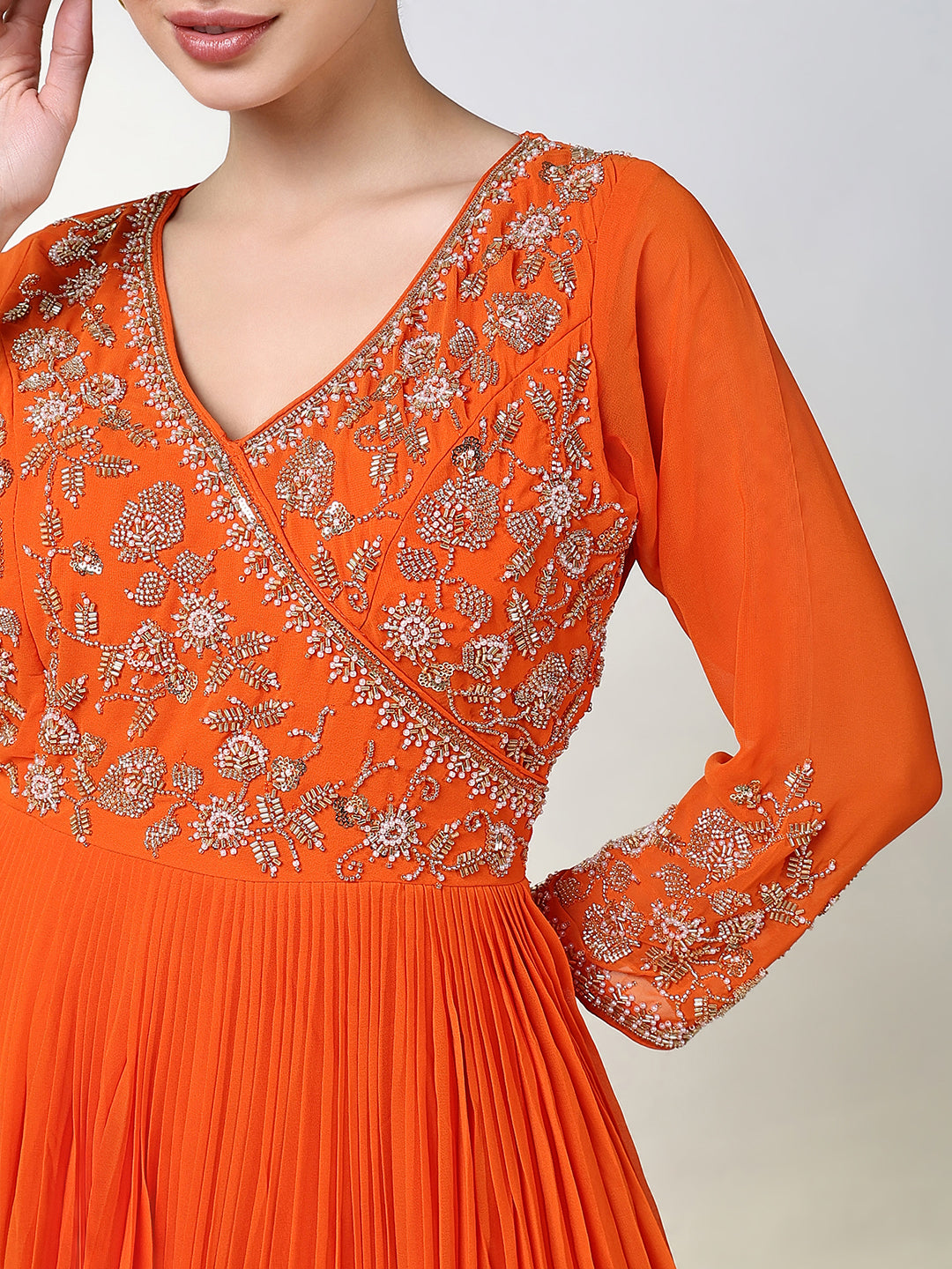 Women's Orange Solid Anarkali Kurta with Dupatta