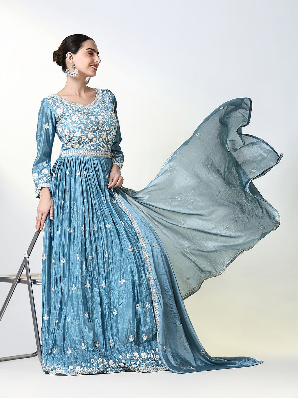 Women's Blue Floral Anarkali Kurta Sets with Dupatta