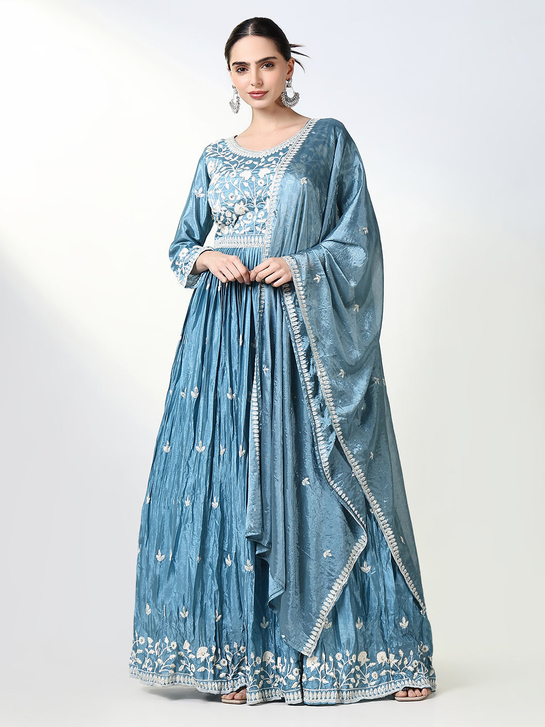 Women's Blue Floral Anarkali Kurta Sets with Dupatta