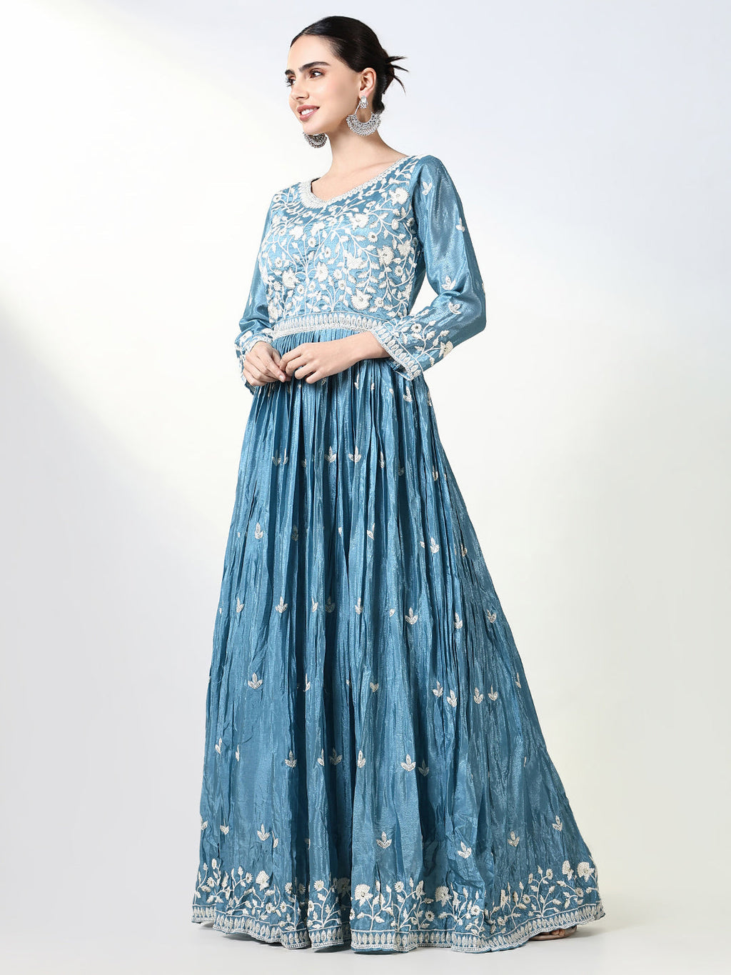 Women's Blue Floral Anarkali Kurta Sets with Dupatta