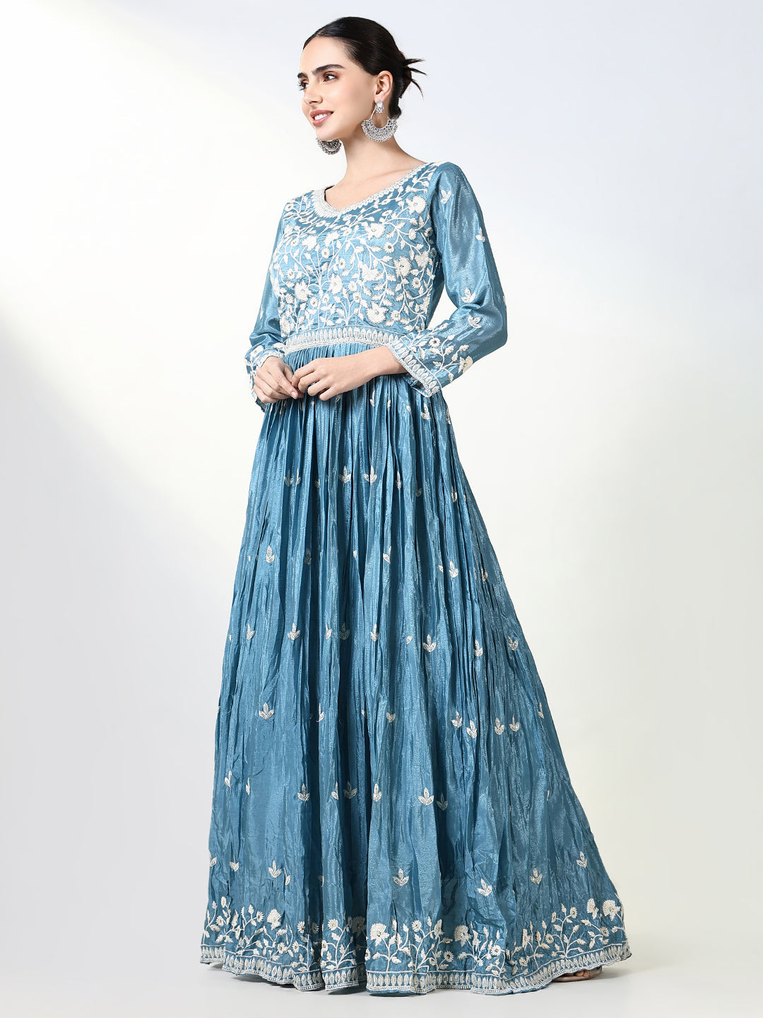 Women's Blue Floral Anarkali Kurta Sets with Dupatta