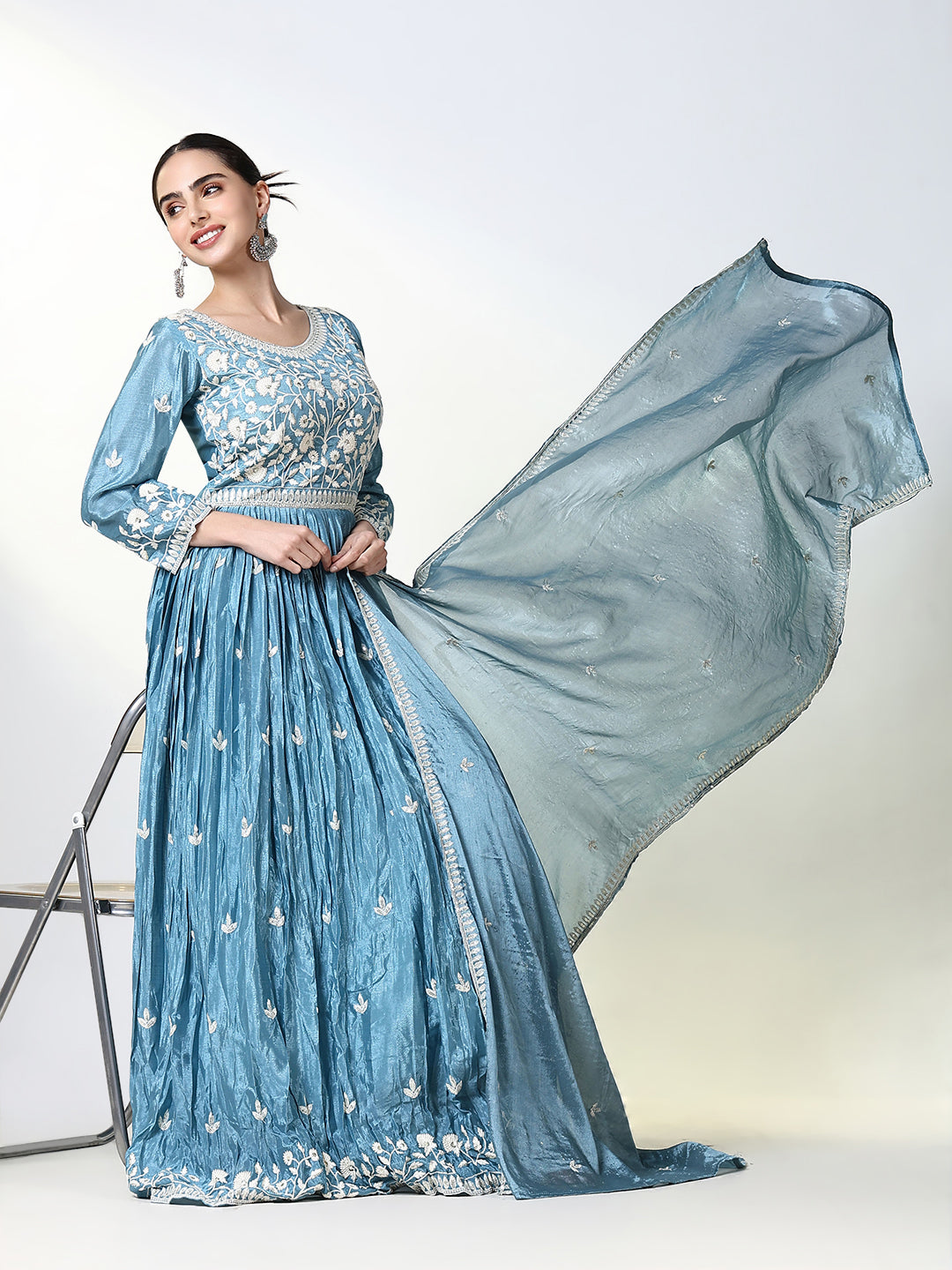 Women's Blue Floral Anarkali Kurta Sets with Dupatta