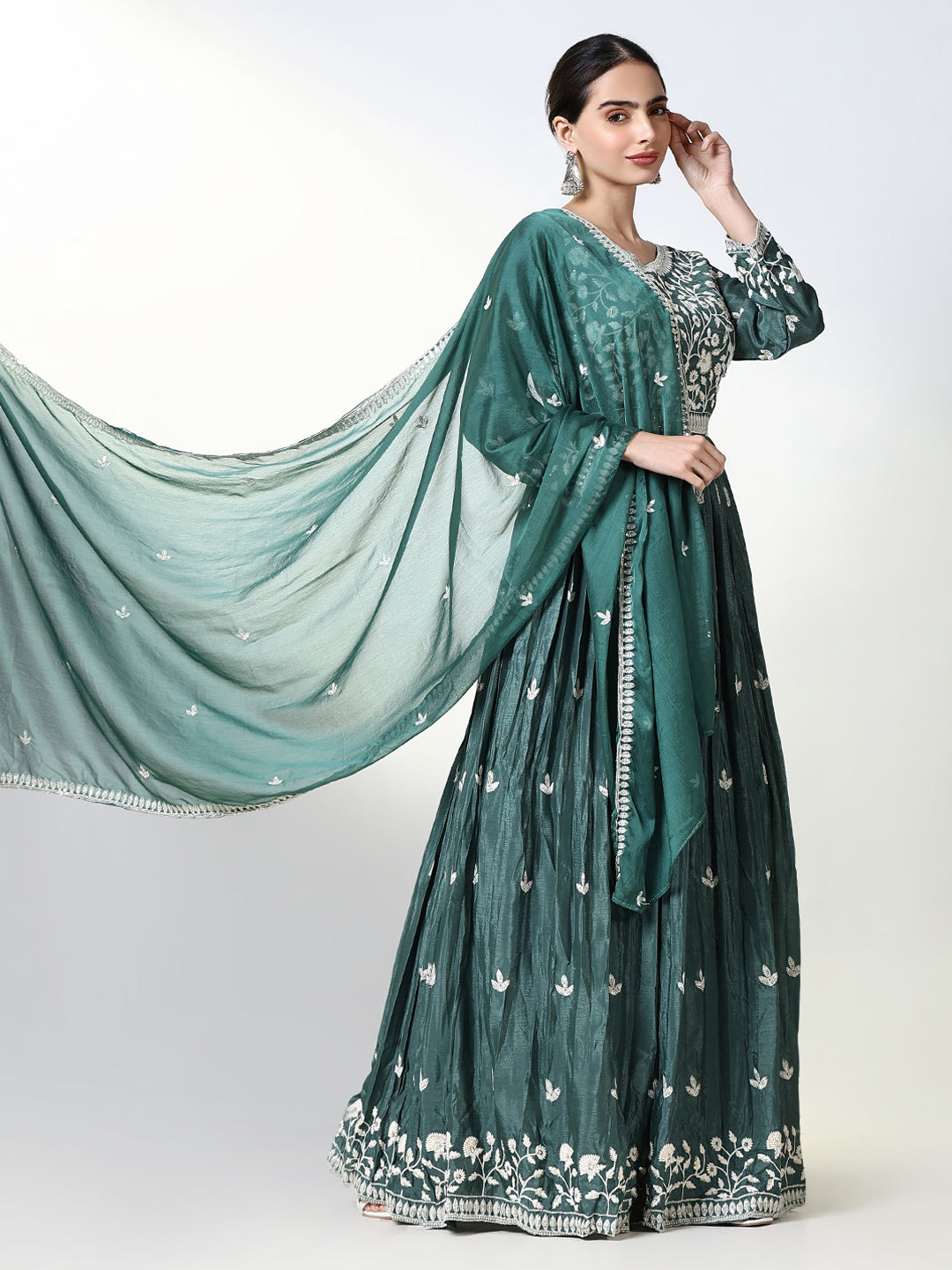 Women's Green Floral Anarkali Kurta with Dupatta