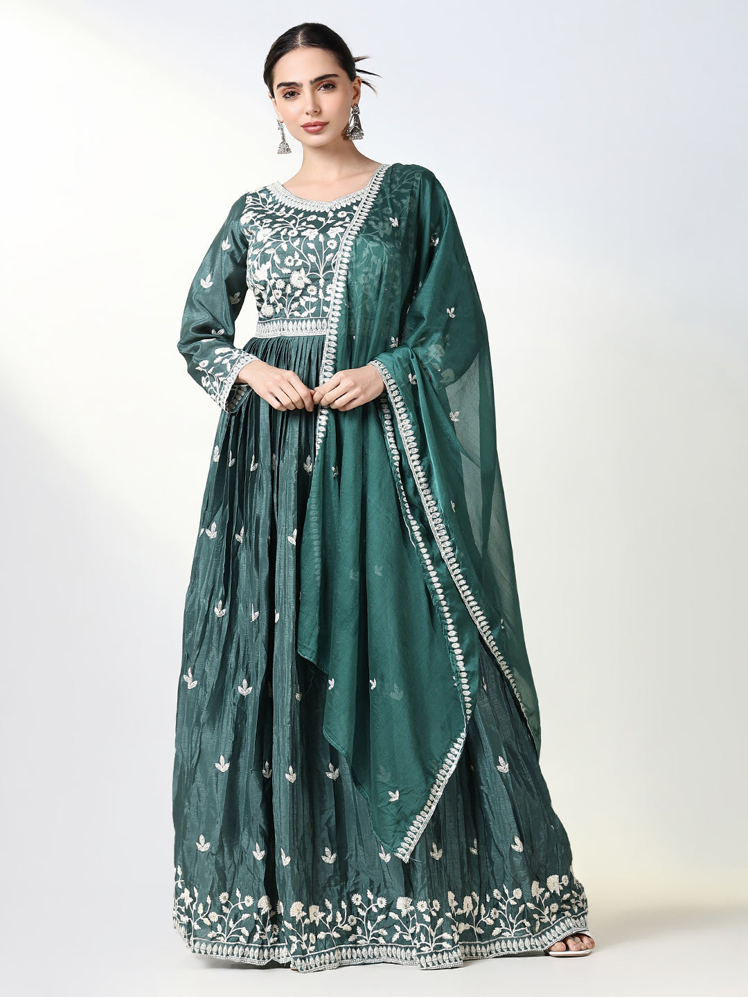 Women's Green Floral Anarkali Kurta with Dupatta