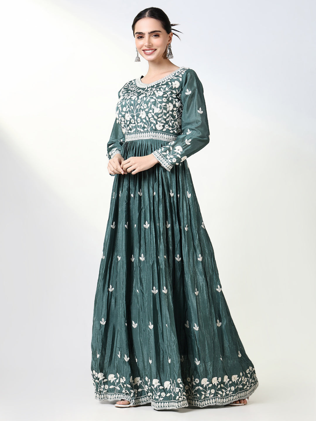 Women's Green Floral Anarkali Kurta with Dupatta