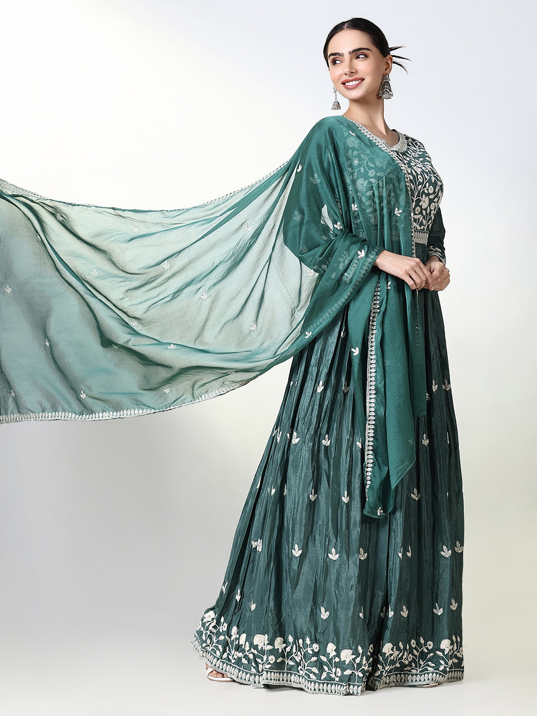 Women's Green Floral Anarkali Kurta with Dupatta
