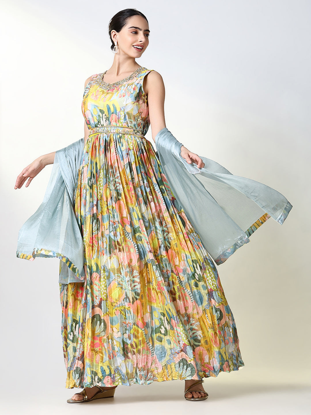 Women's Yellow Floral Kurta with Dupatta & Belt