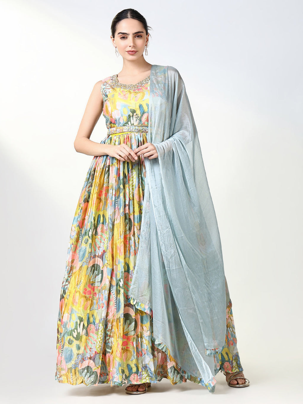 Women's Yellow Floral Kurta with Dupatta & Belt