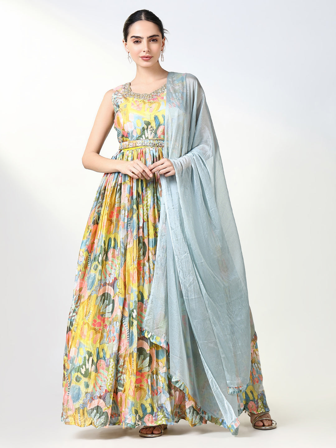 Women's Yellow Floral Kurta with Dupatta & Belt