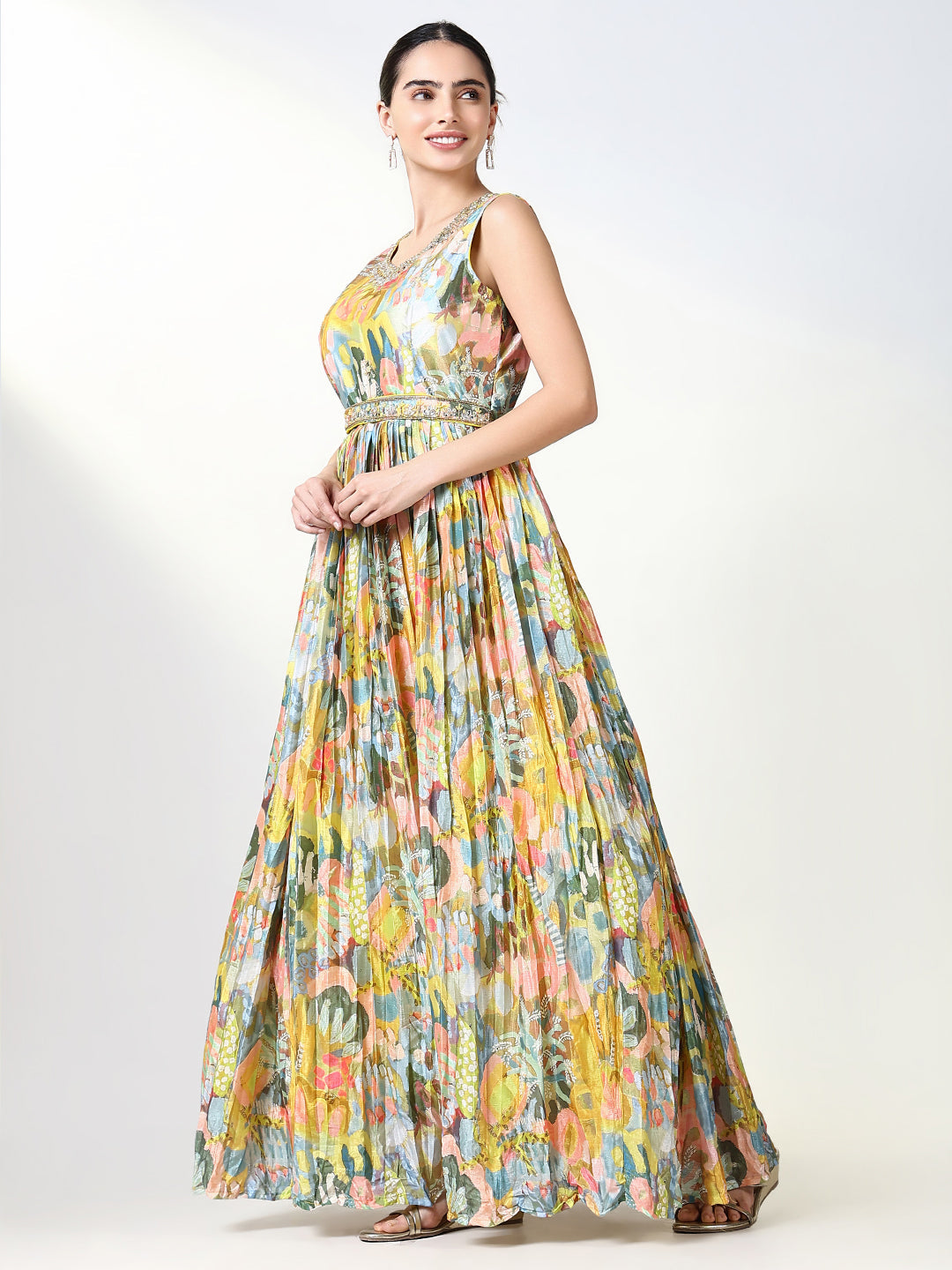 Women's Yellow Floral Kurta with Dupatta & Belt