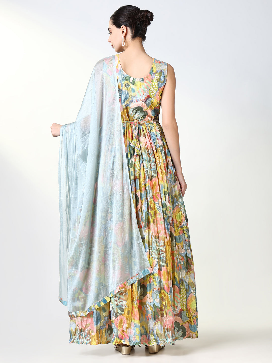 Women's Yellow Floral Kurta with Dupatta & Belt