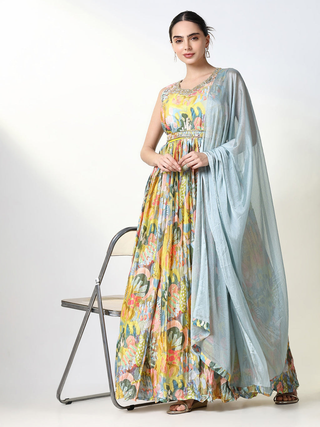 Women's Yellow Floral Kurta with Dupatta & Belt