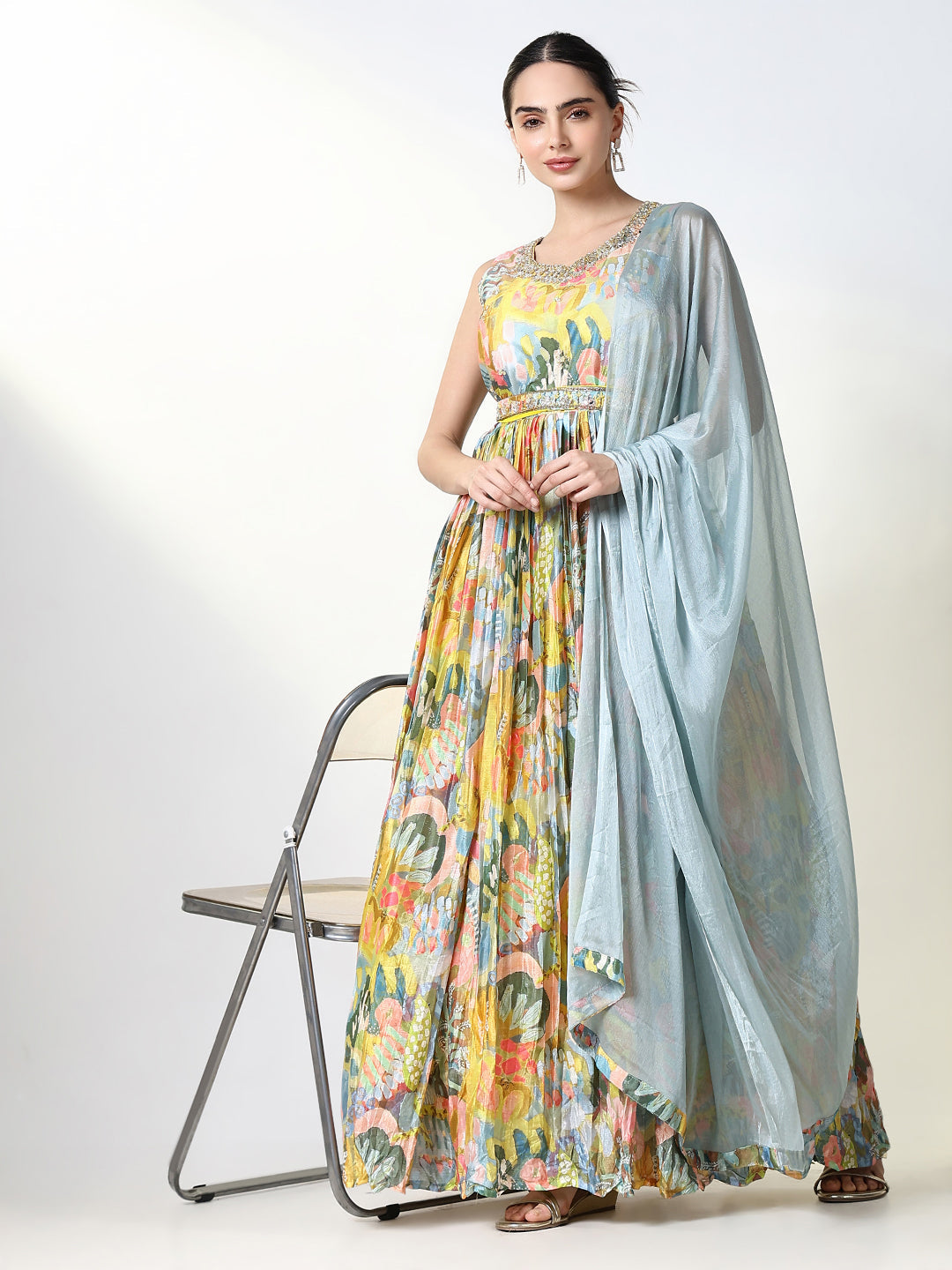 Women's Yellow Floral Kurta with Dupatta & Belt