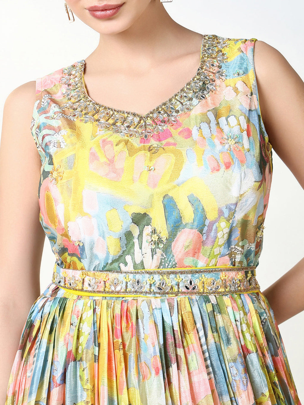 Women's Yellow Floral Kurta with Dupatta & Belt