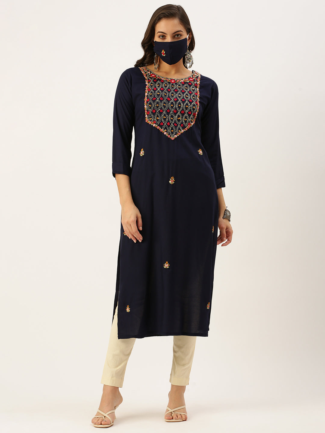 Women's Embroidered Navy blue Straight Kurta