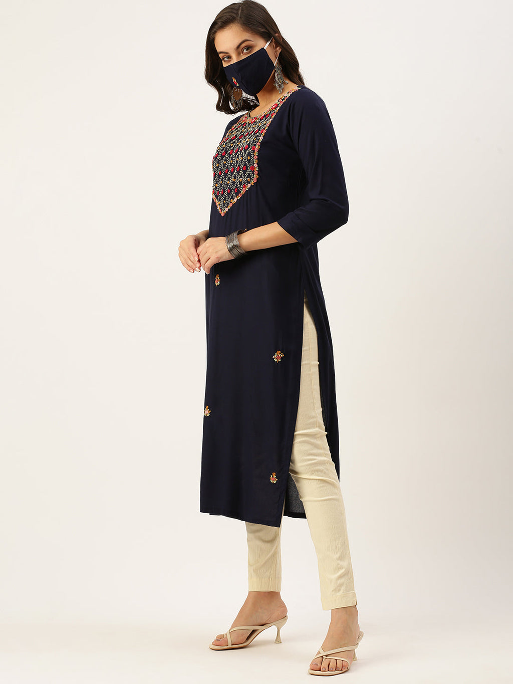 Women's Embroidered Navy blue Straight Kurta