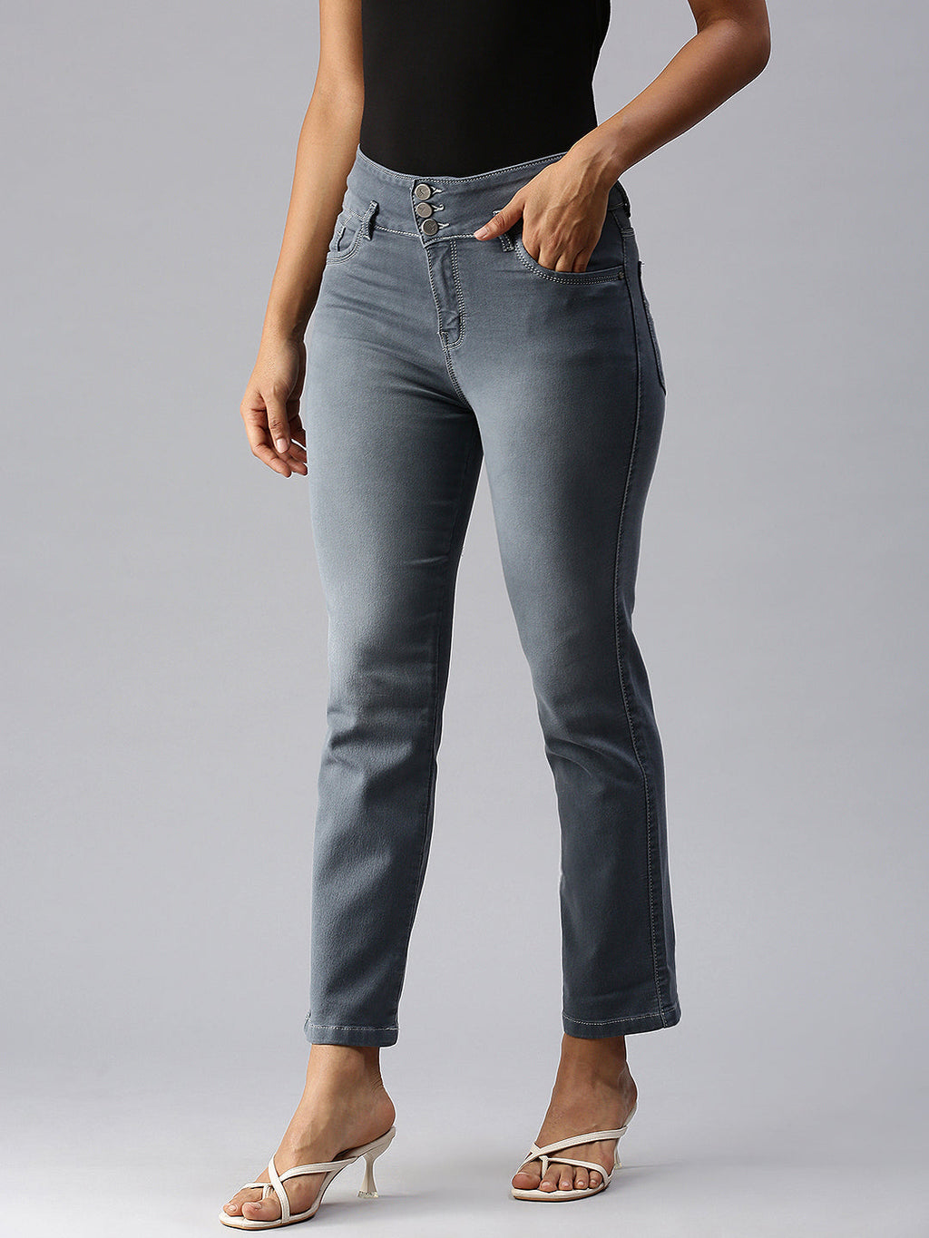 Women's Grey Straight Fit High-Rise Light Fade Stretchable Denim Jeans