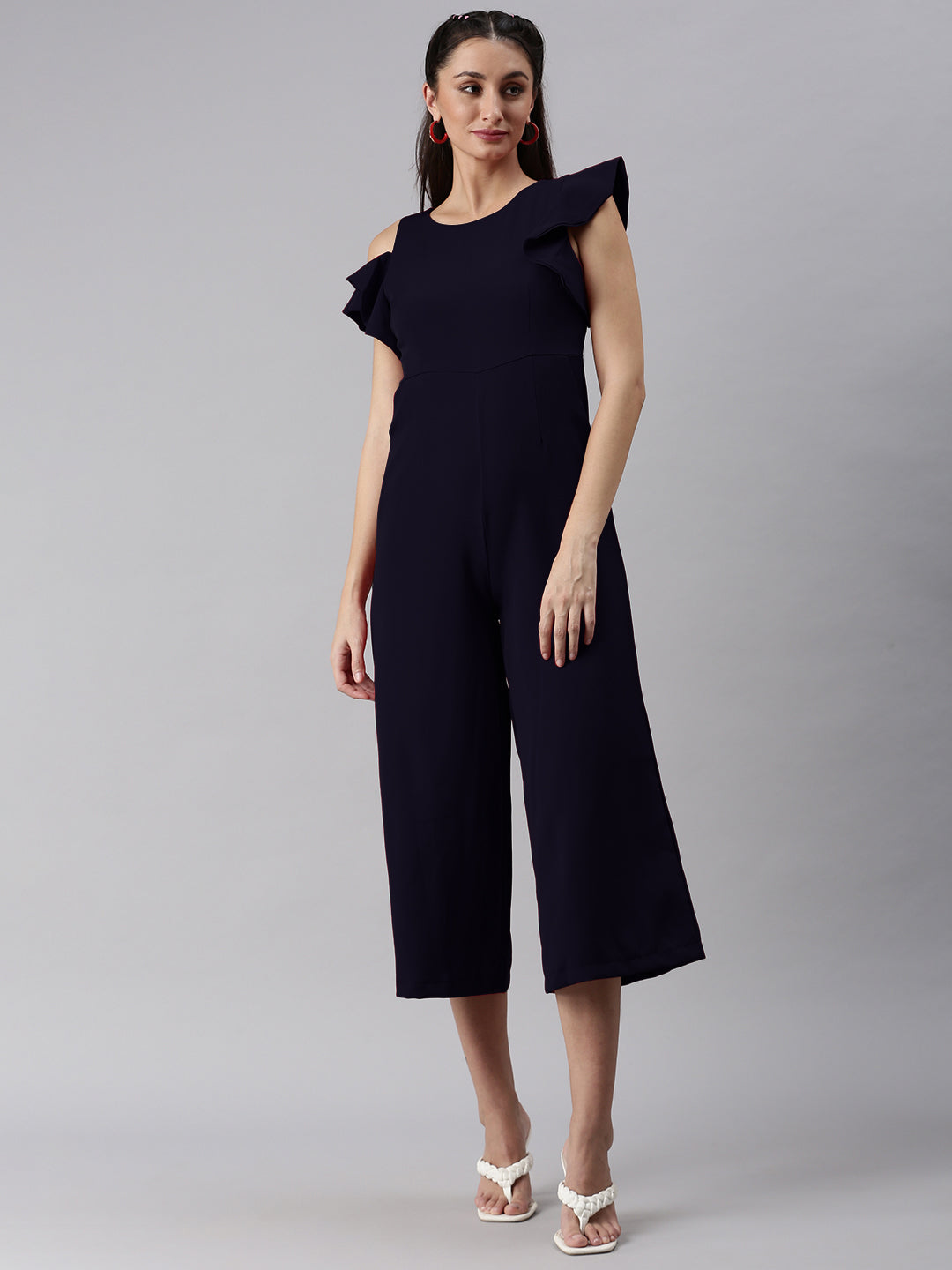 Women's Round Neck Navy Blue Solid Jumpsuit