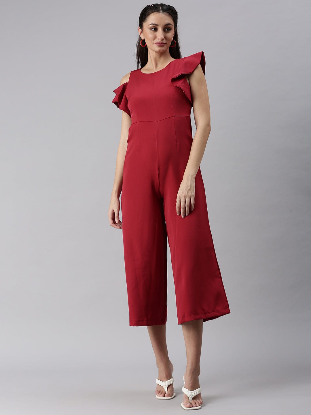 Women's Red Round Neck Solid Basic Jumpsuit