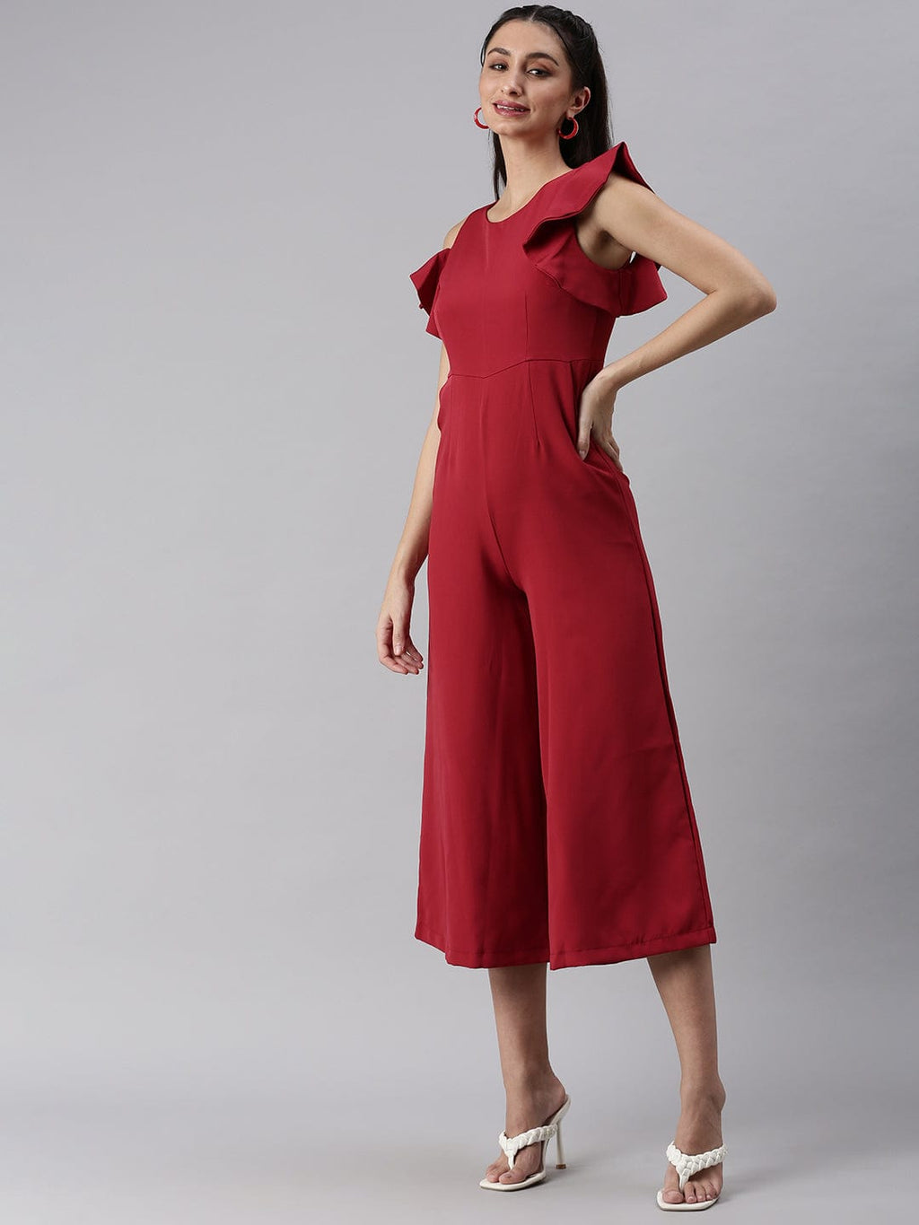 Women's Red Round Neck Solid Basic Jumpsuit